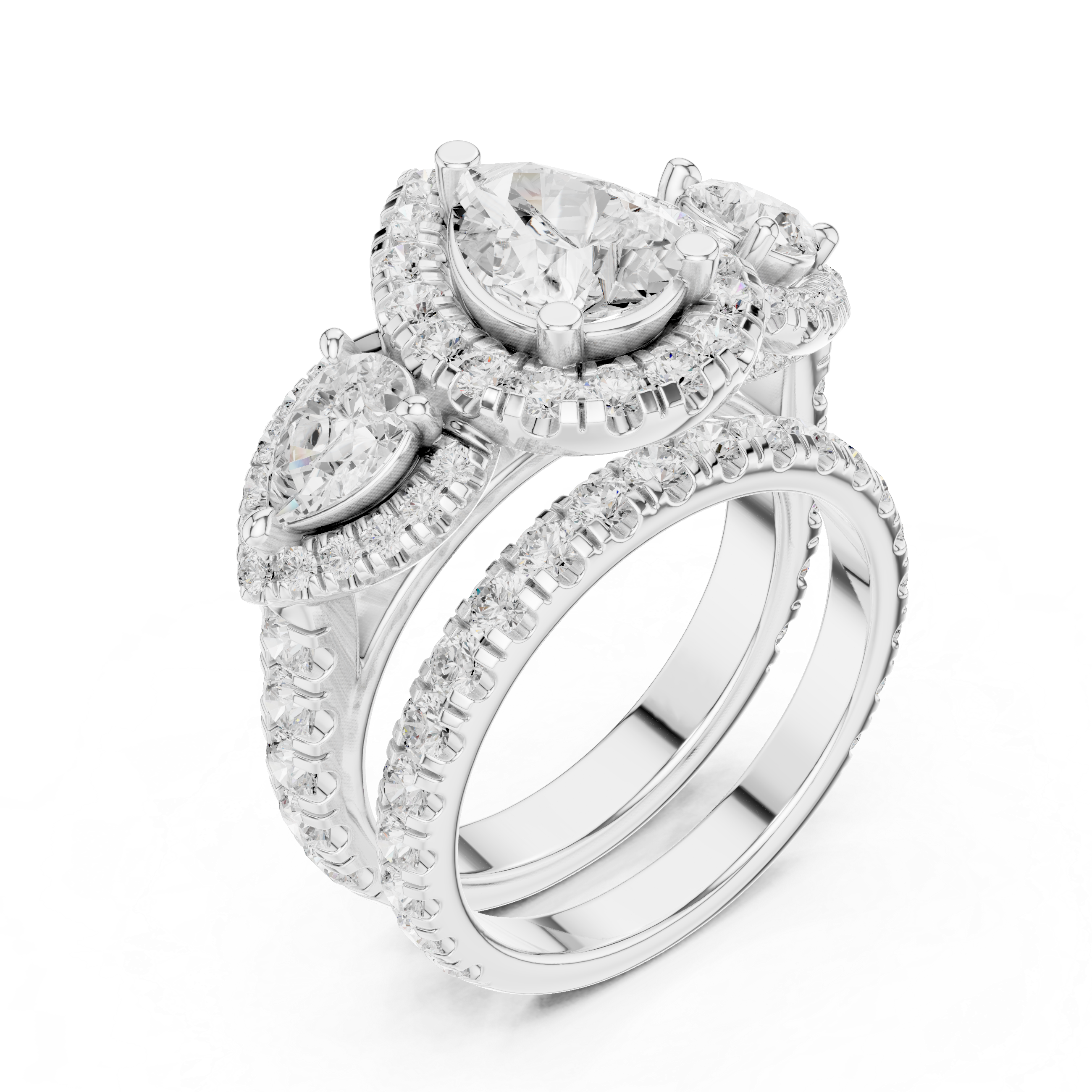 Pear-Shaped Diamond Triple Halo Ring with Side Pear Diamonds