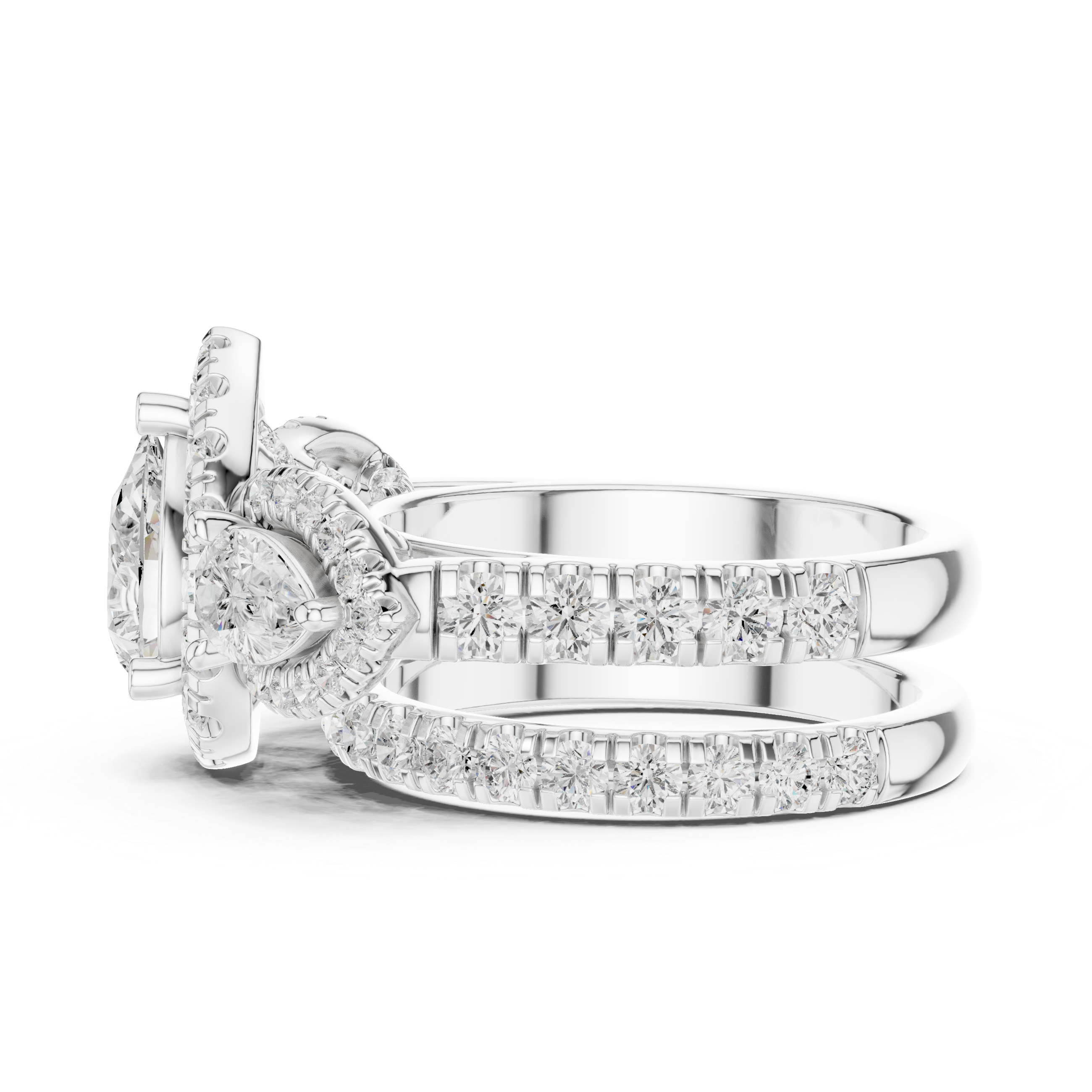 Pear-Shaped Diamond Triple Halo Ring with Side Pear Diamonds