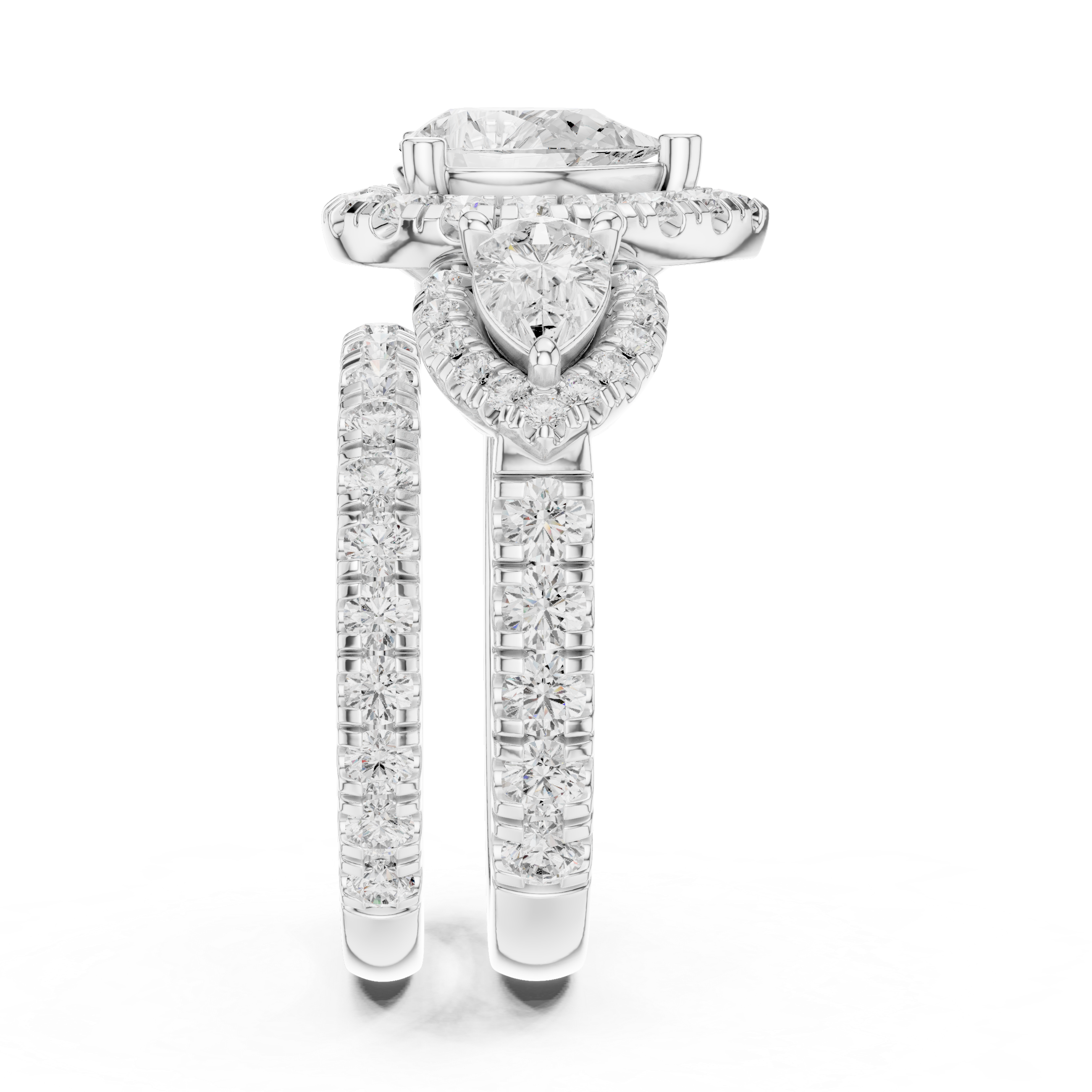 Pear-Shaped Diamond Triple Halo Ring with Side Pear Diamonds