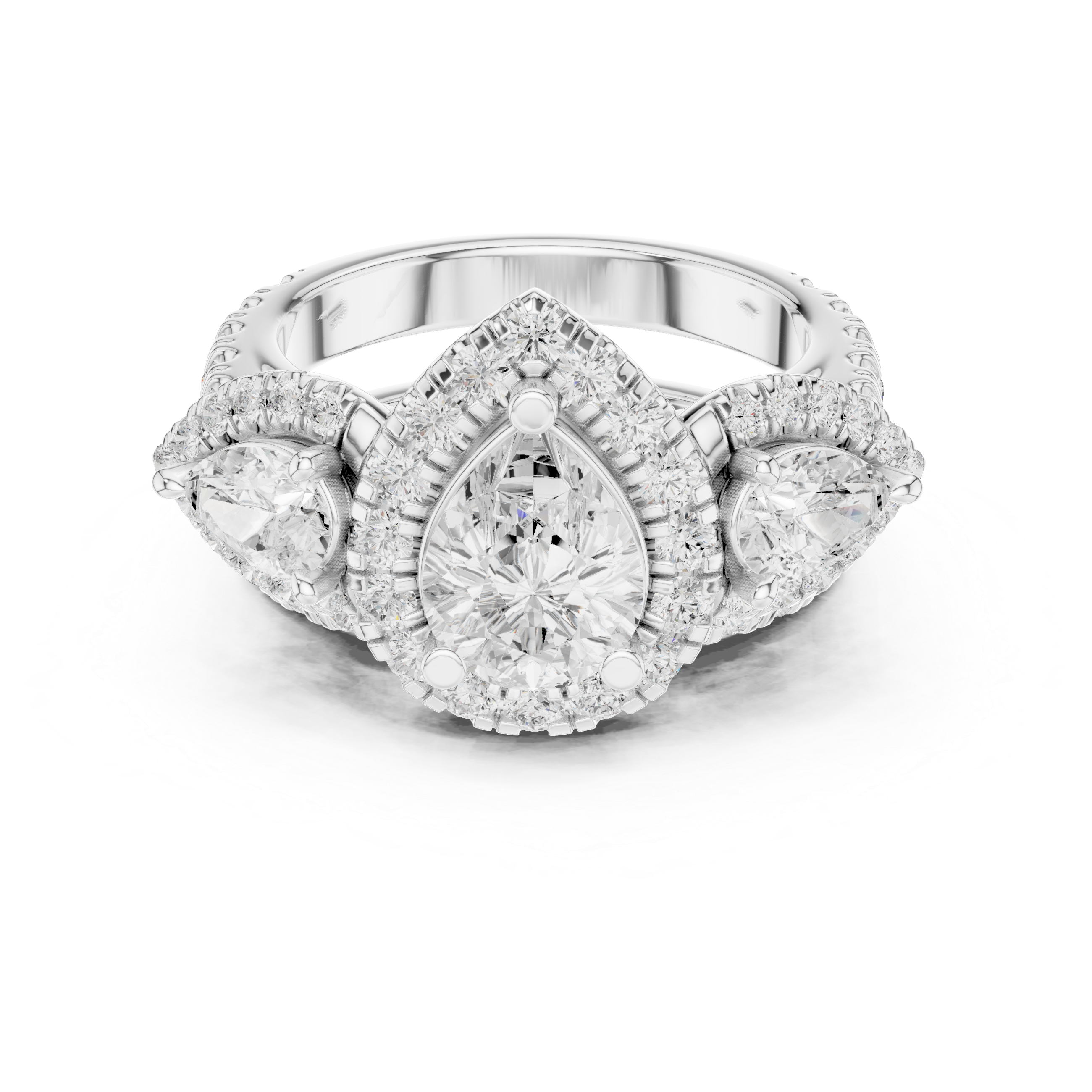 Pear-Shaped Diamond Triple Halo Ring with Side Pear Diamonds