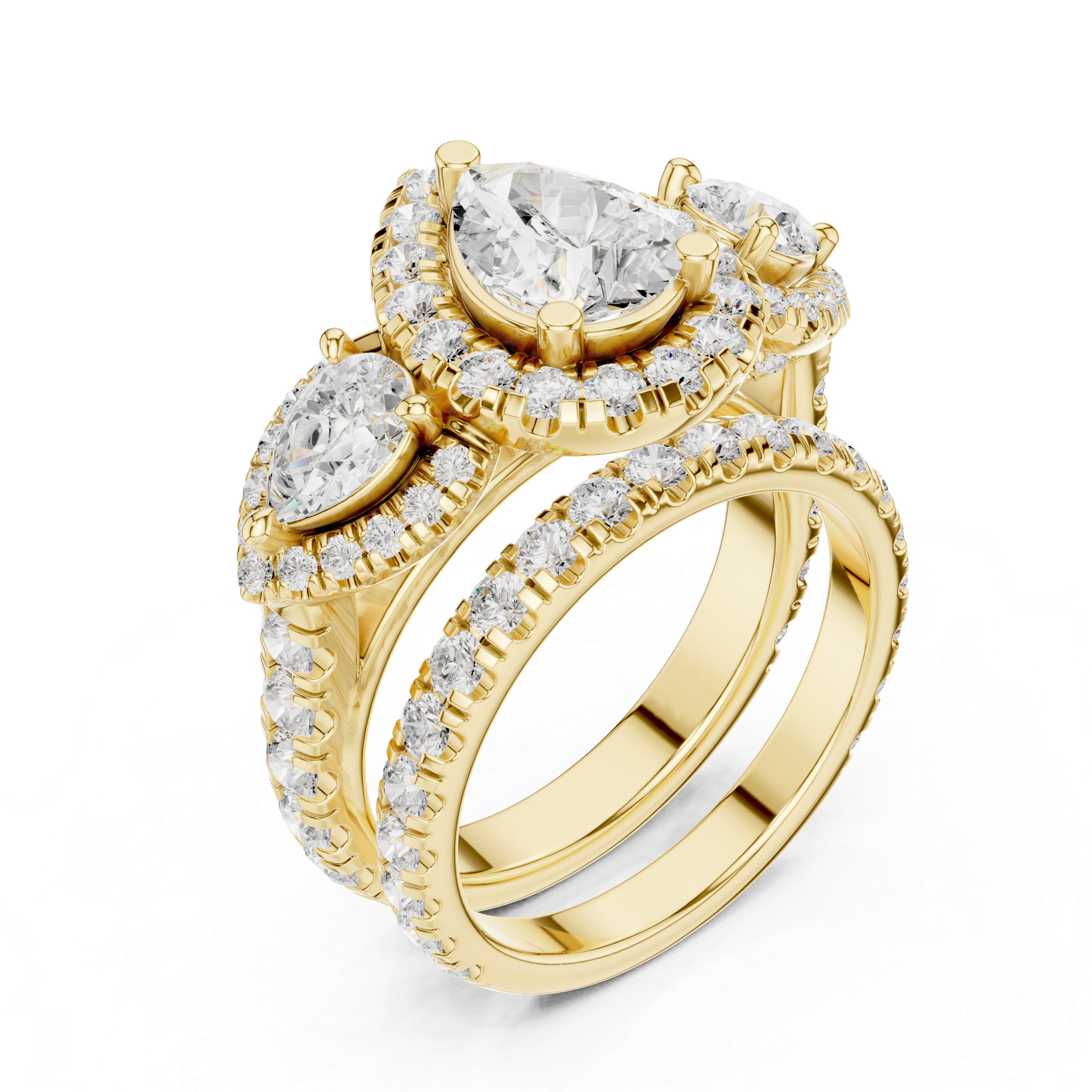 Pear-Shaped Diamond Triple Halo Ring with Side Pear Diamonds