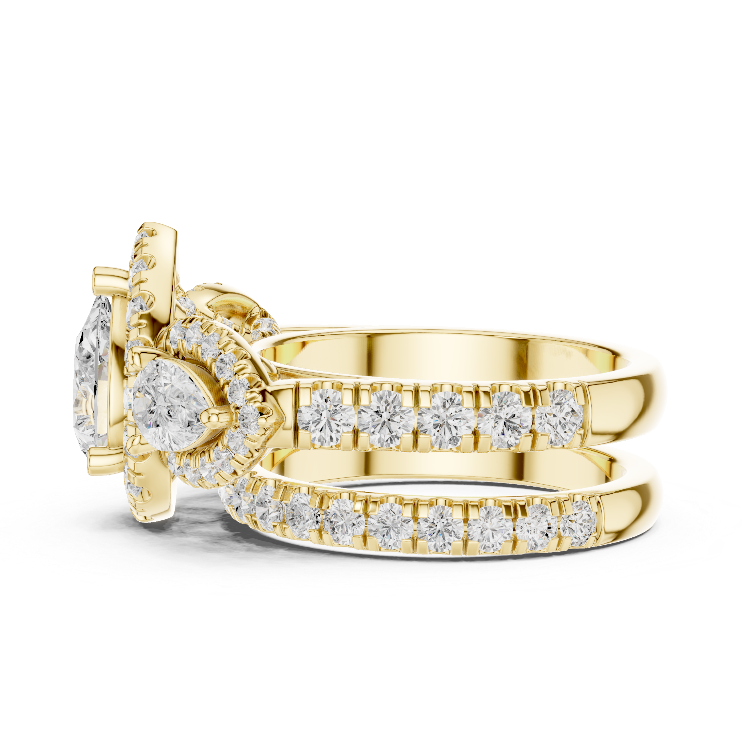 Pear-Shaped Diamond Triple Halo Ring with Side Pear Diamonds