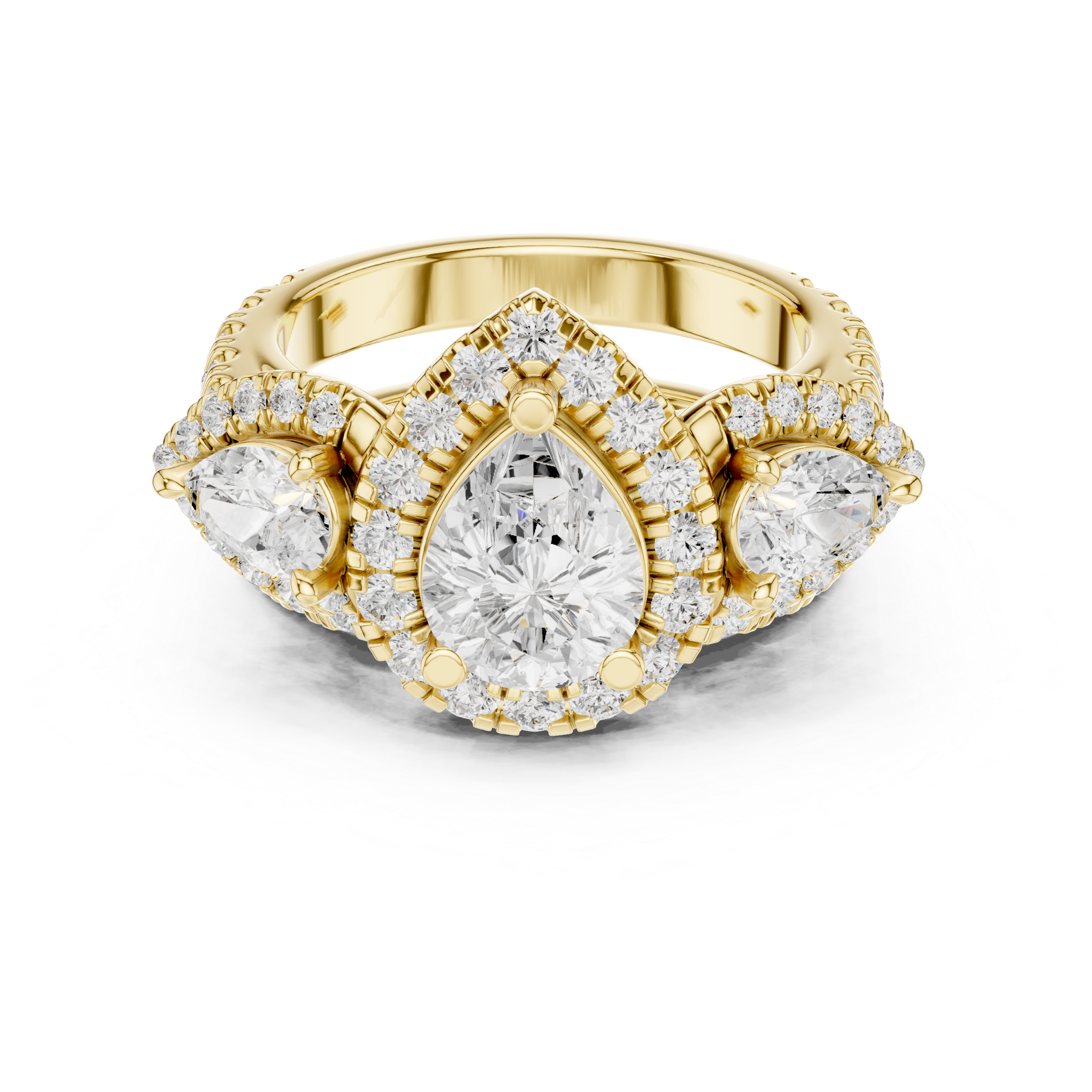 Pear-Shaped Diamond Triple Halo Ring with Side Pear Diamonds