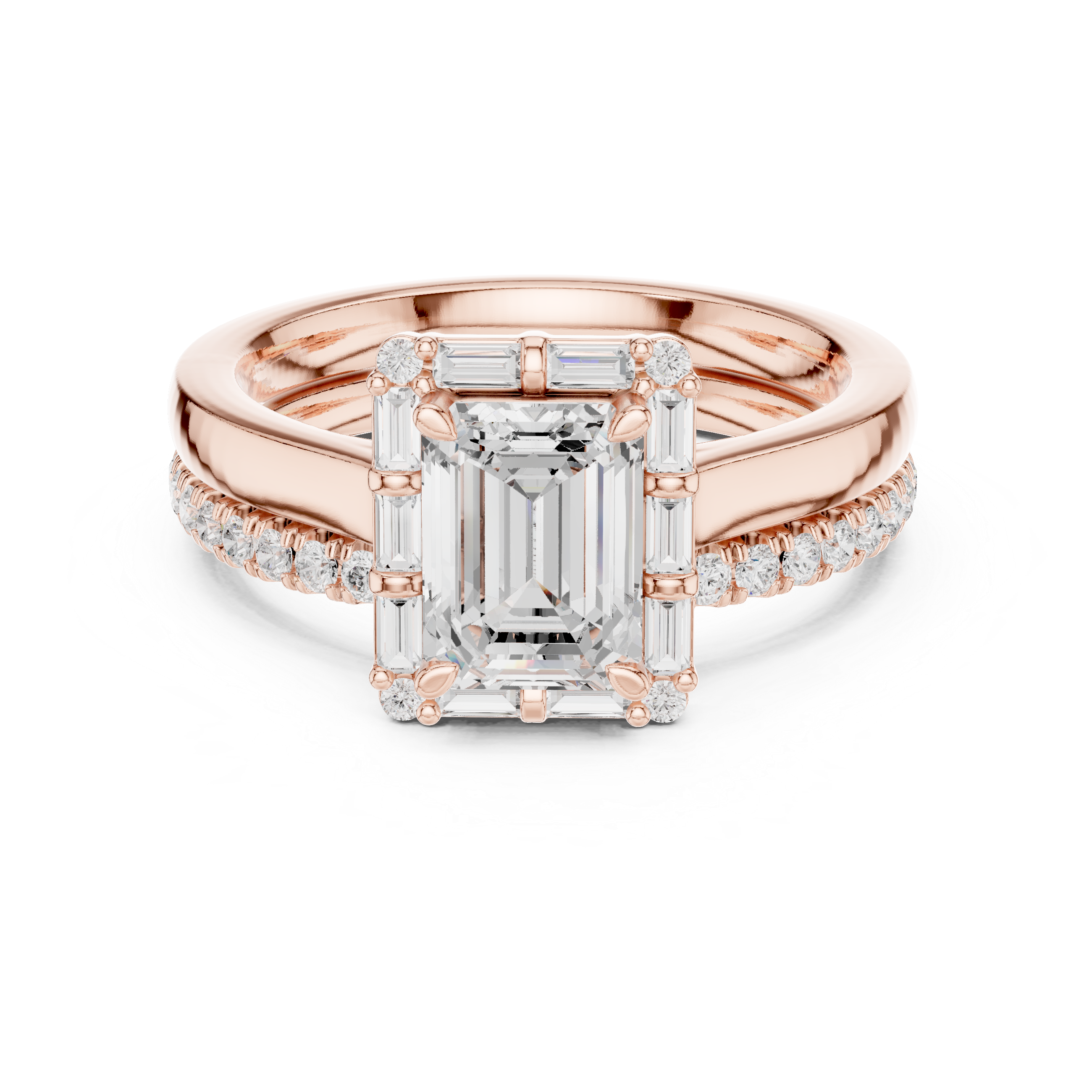 Emerald-Cut Halo Engagement Ring with Baguette and Round Diamonds