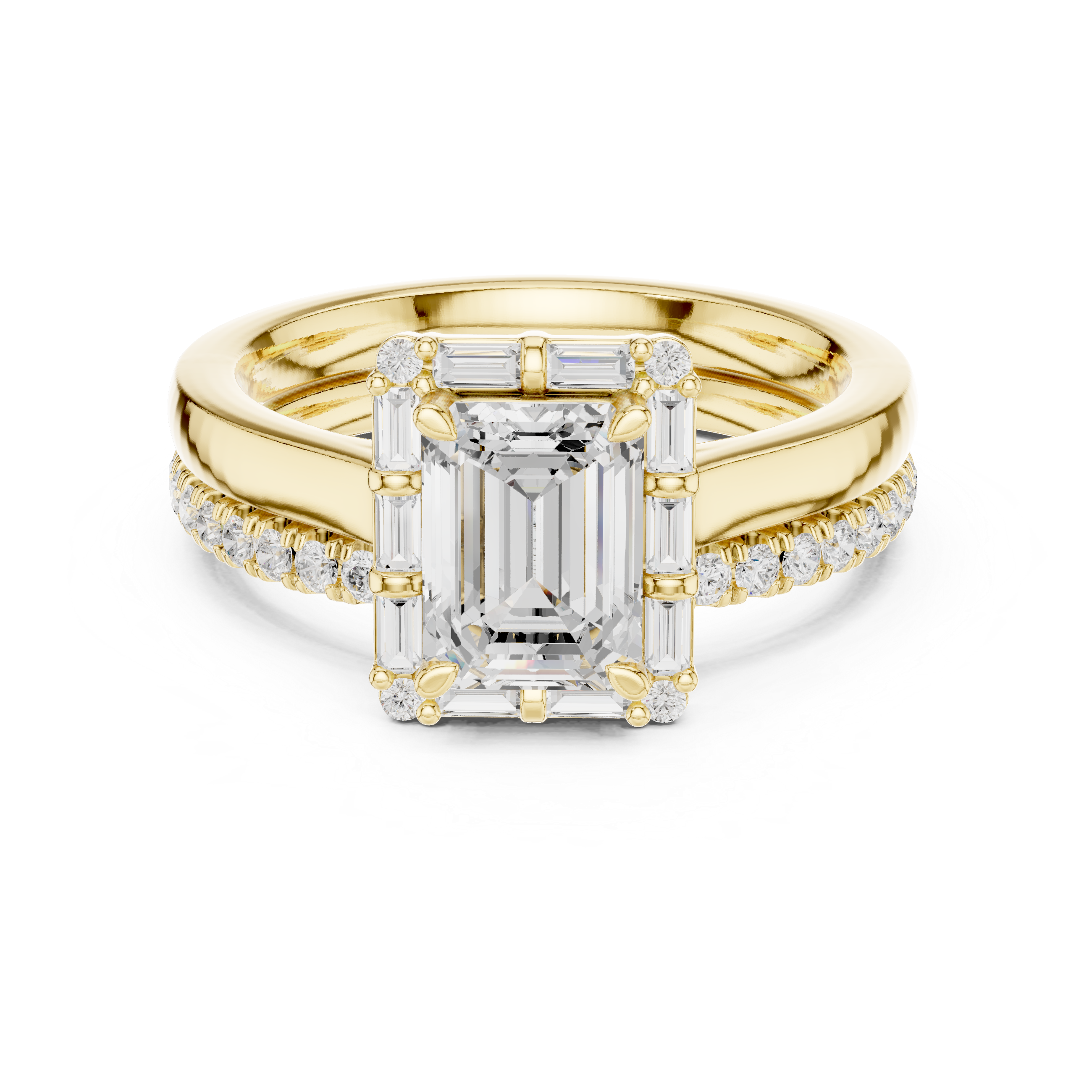 Emerald-Cut Halo Engagement Ring with Baguette and Round Diamonds