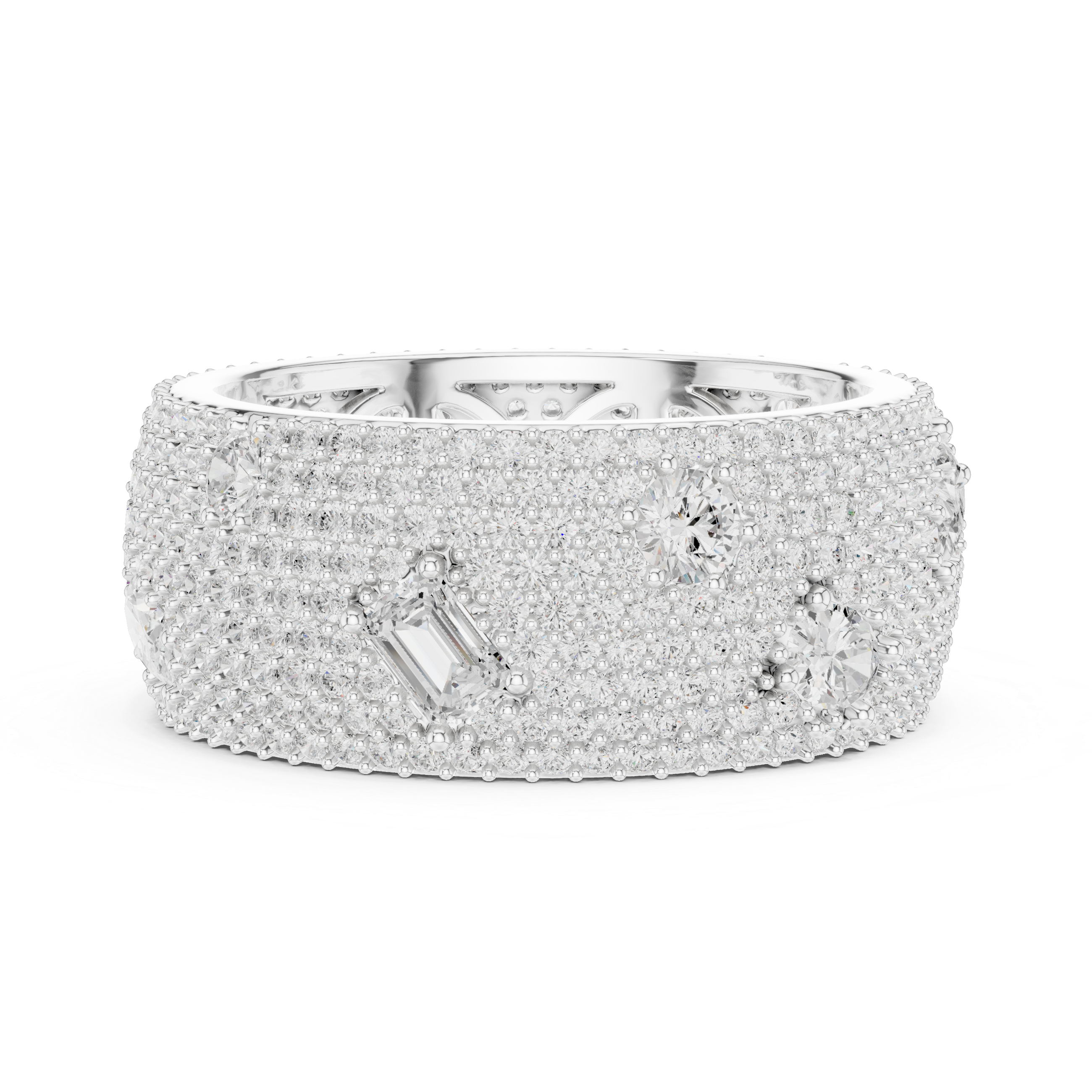 Round diamonds with scattered pear-shaped diamonds and an ornate filigree inner design.