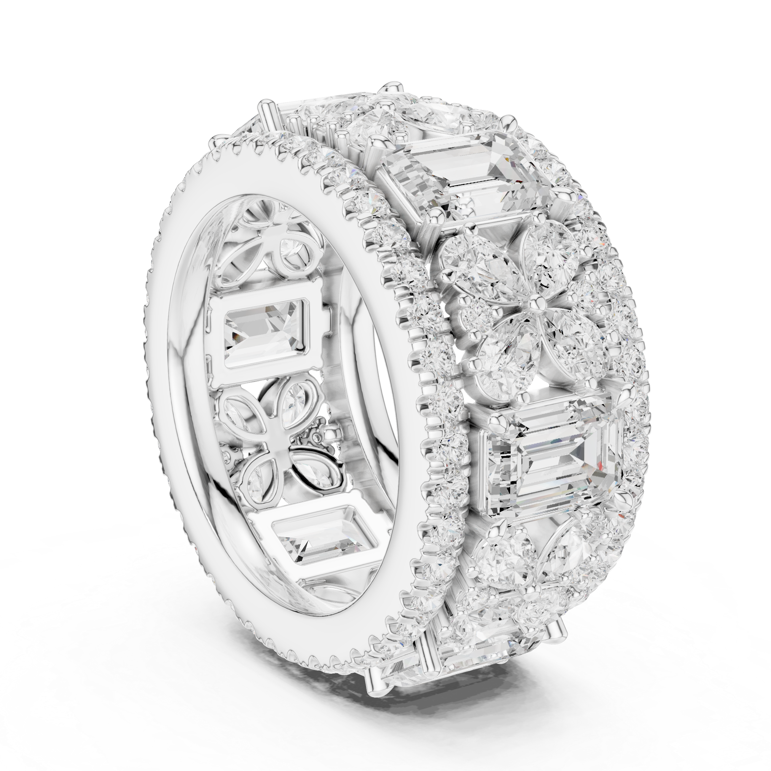 Emerald-Cut Diamond Floral Eternity Band