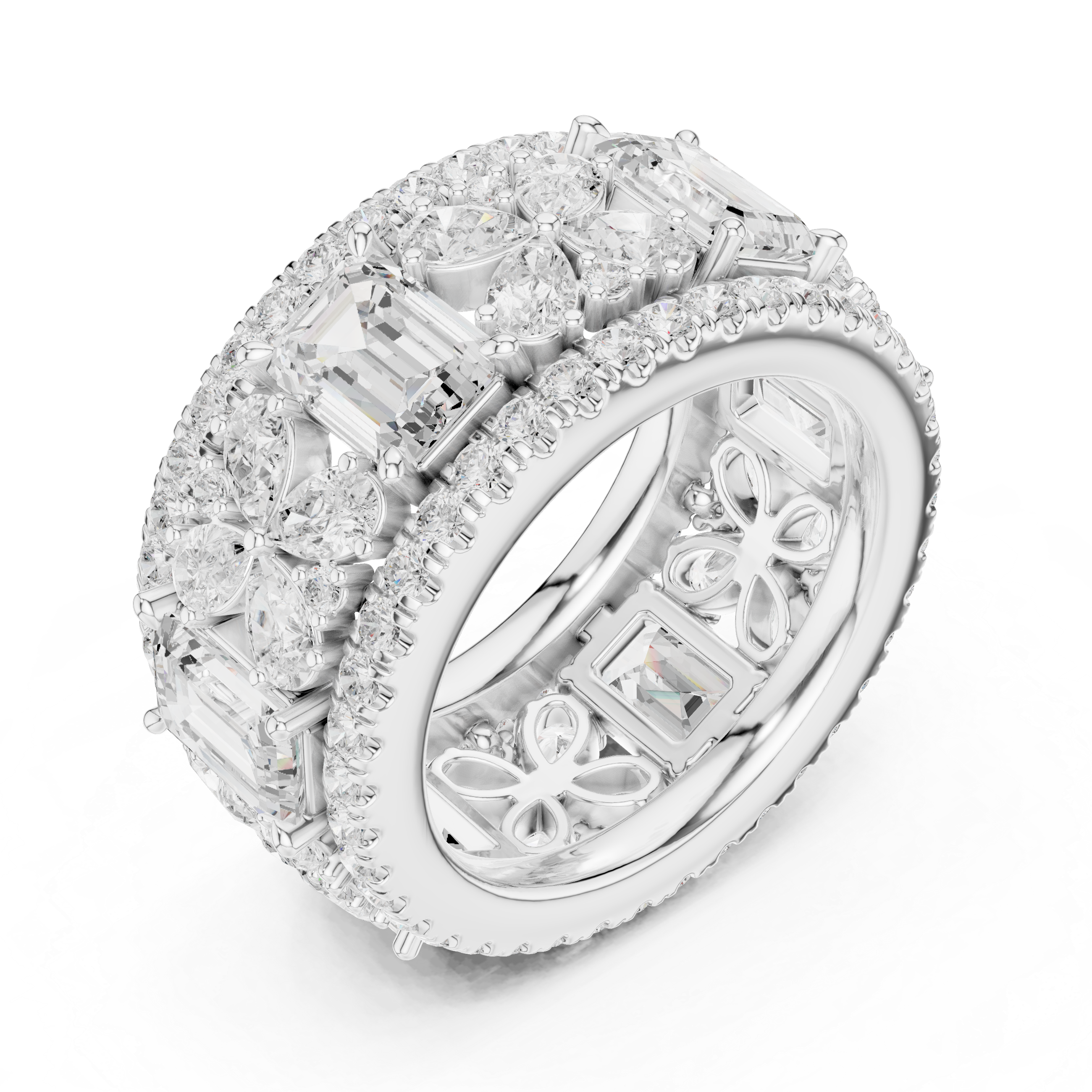 Emerald-Cut Diamond Floral Eternity Band