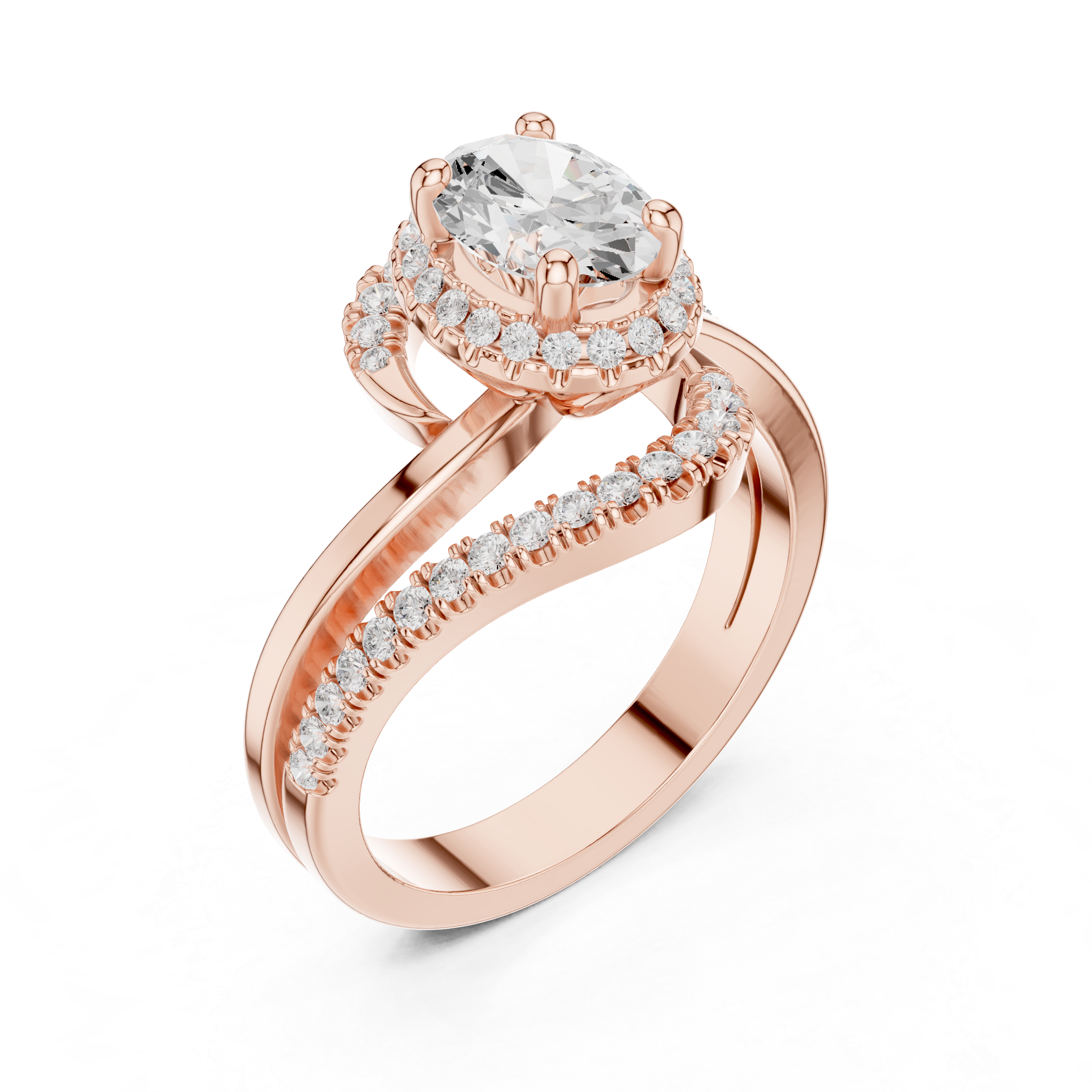 Oval center diamond and split shank pav‚ diamonds