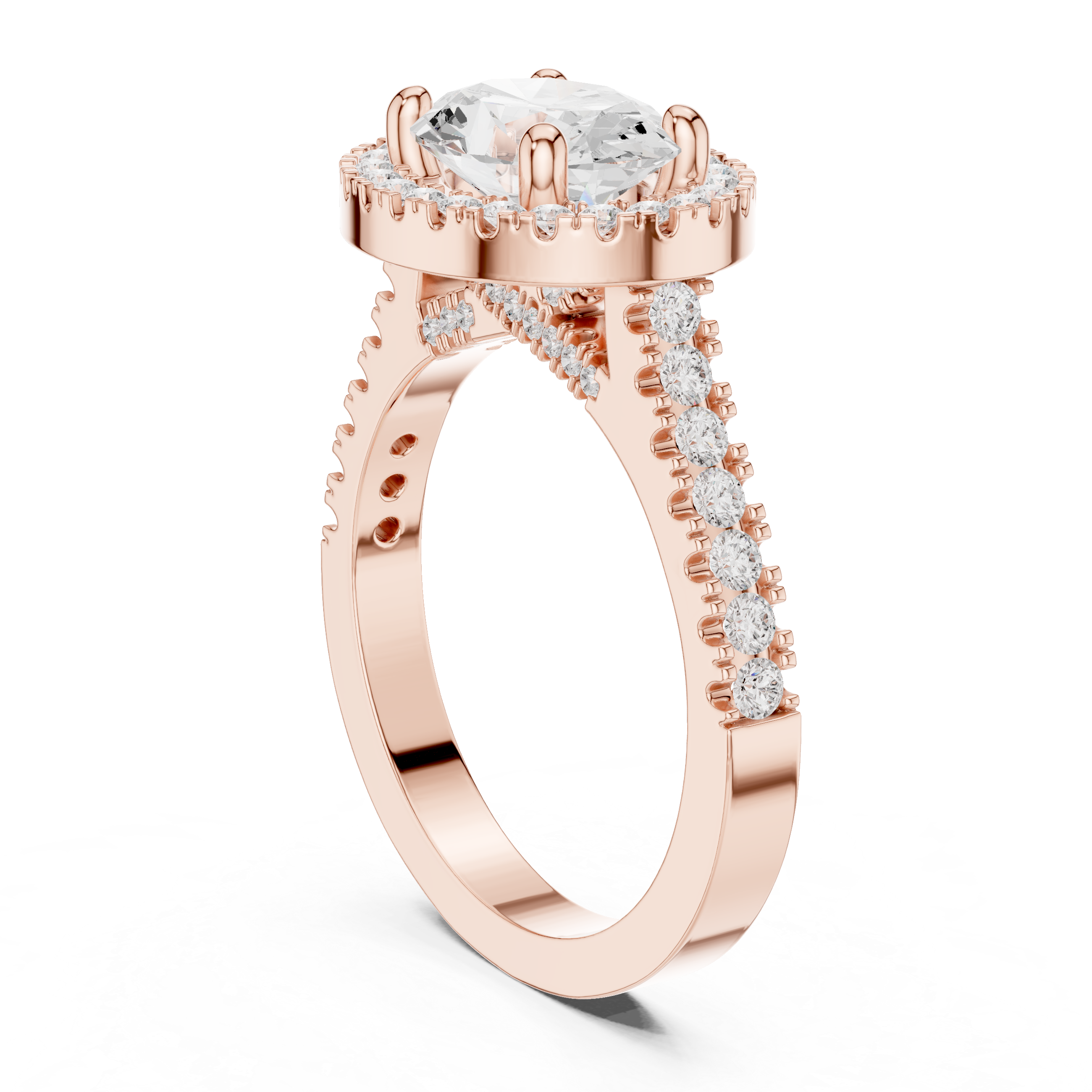 Ring with oval center diamond and pav‚ halo and band