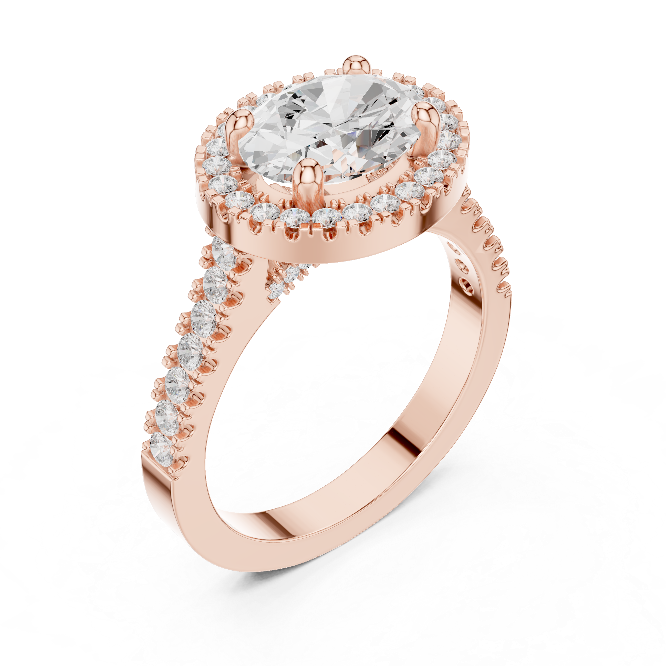Ring with oval center diamond and pav‚ halo and band
