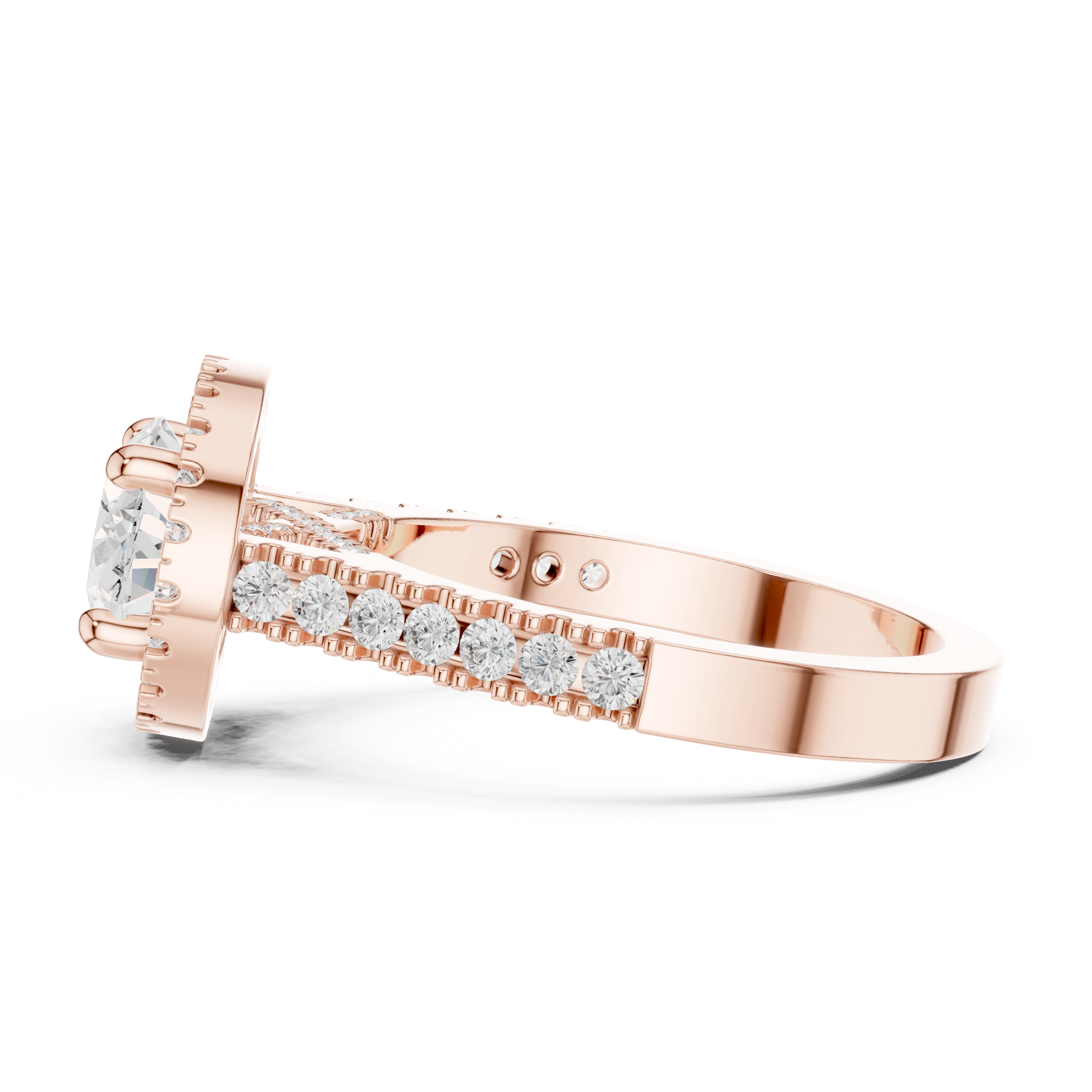 Ring with oval center diamond and pav‚ halo and band