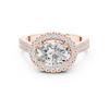 Ring with oval center diamond and pav‚ halo and band