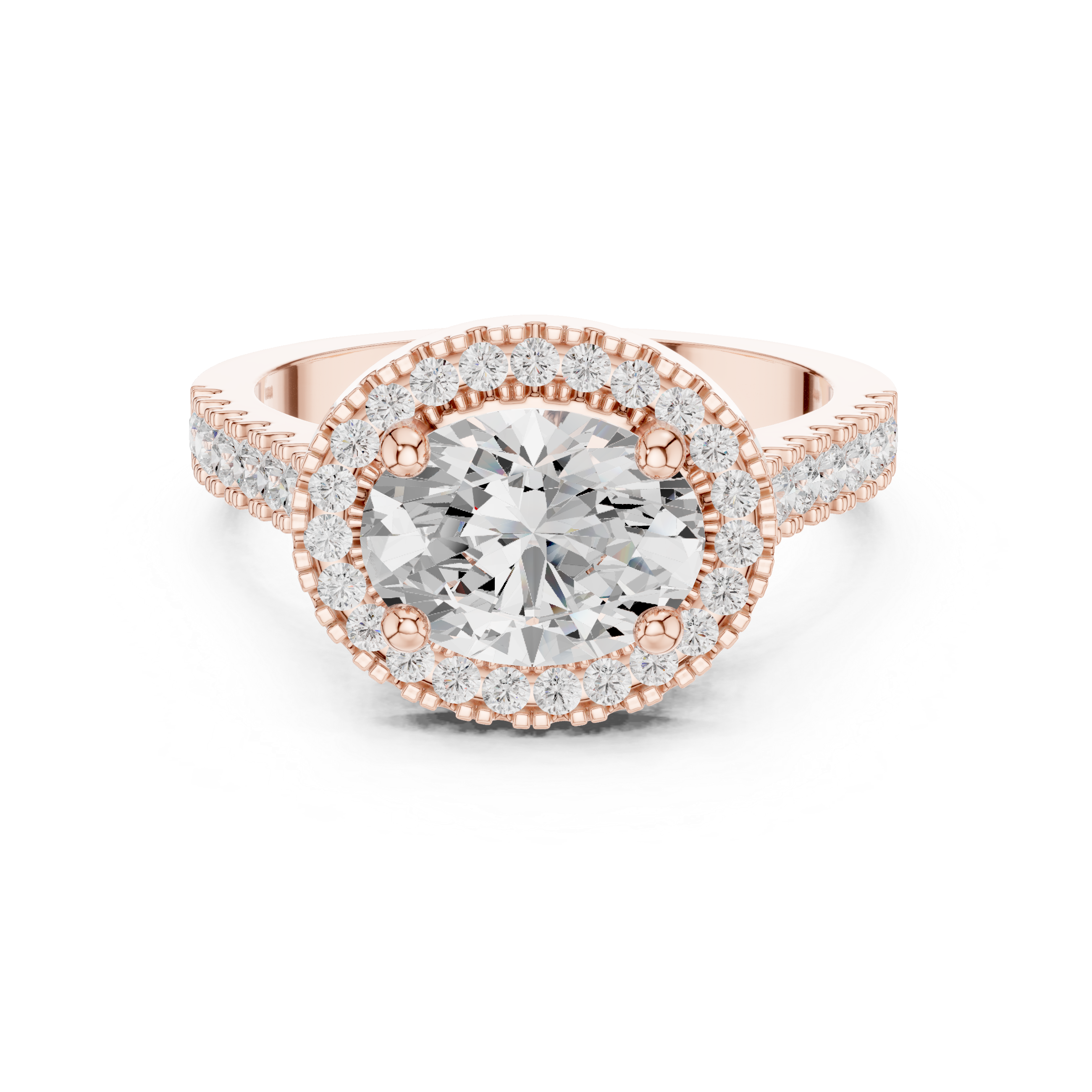 Ring with oval center diamond and pav‚ halo and band