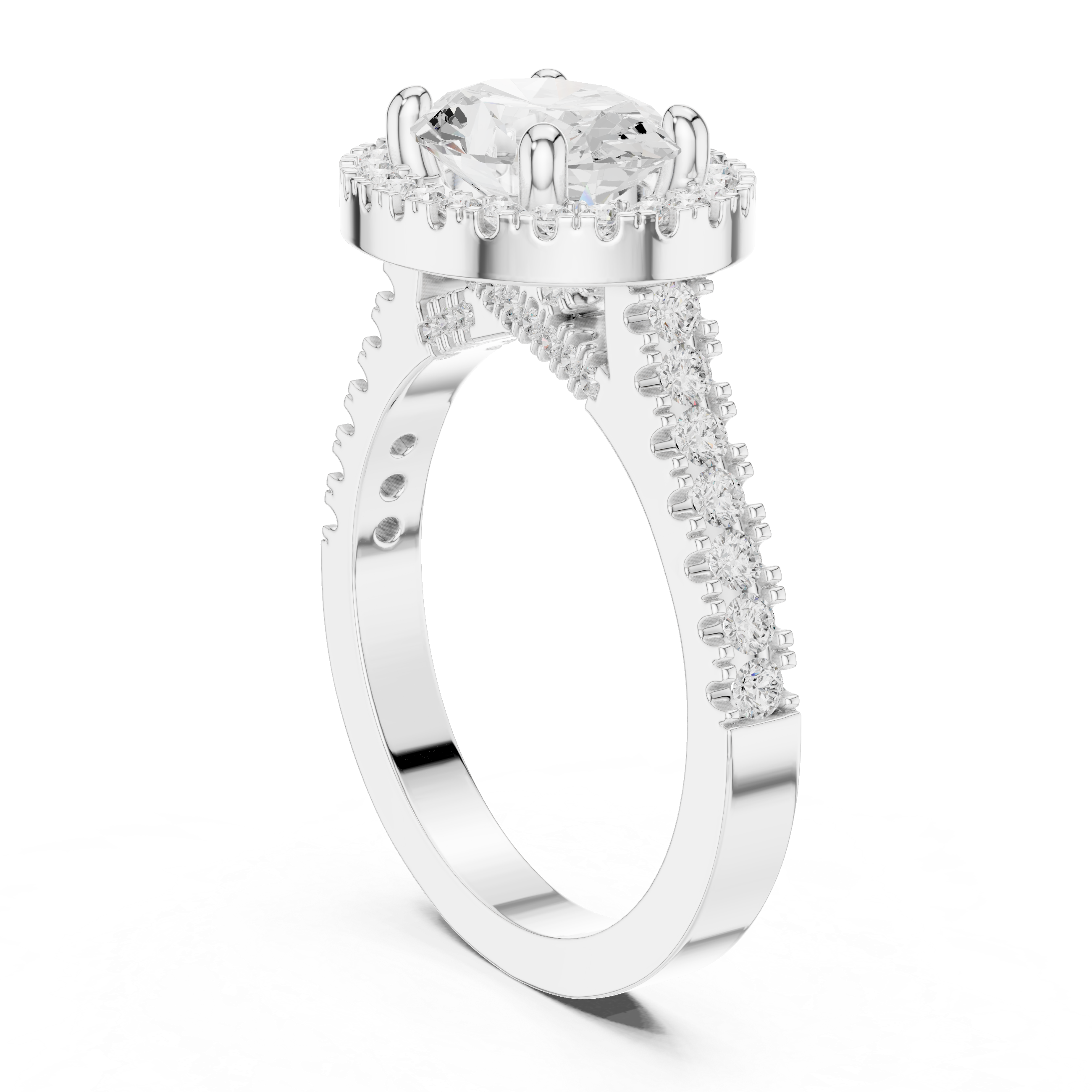 Ring with oval center diamond and pav‚ halo and band