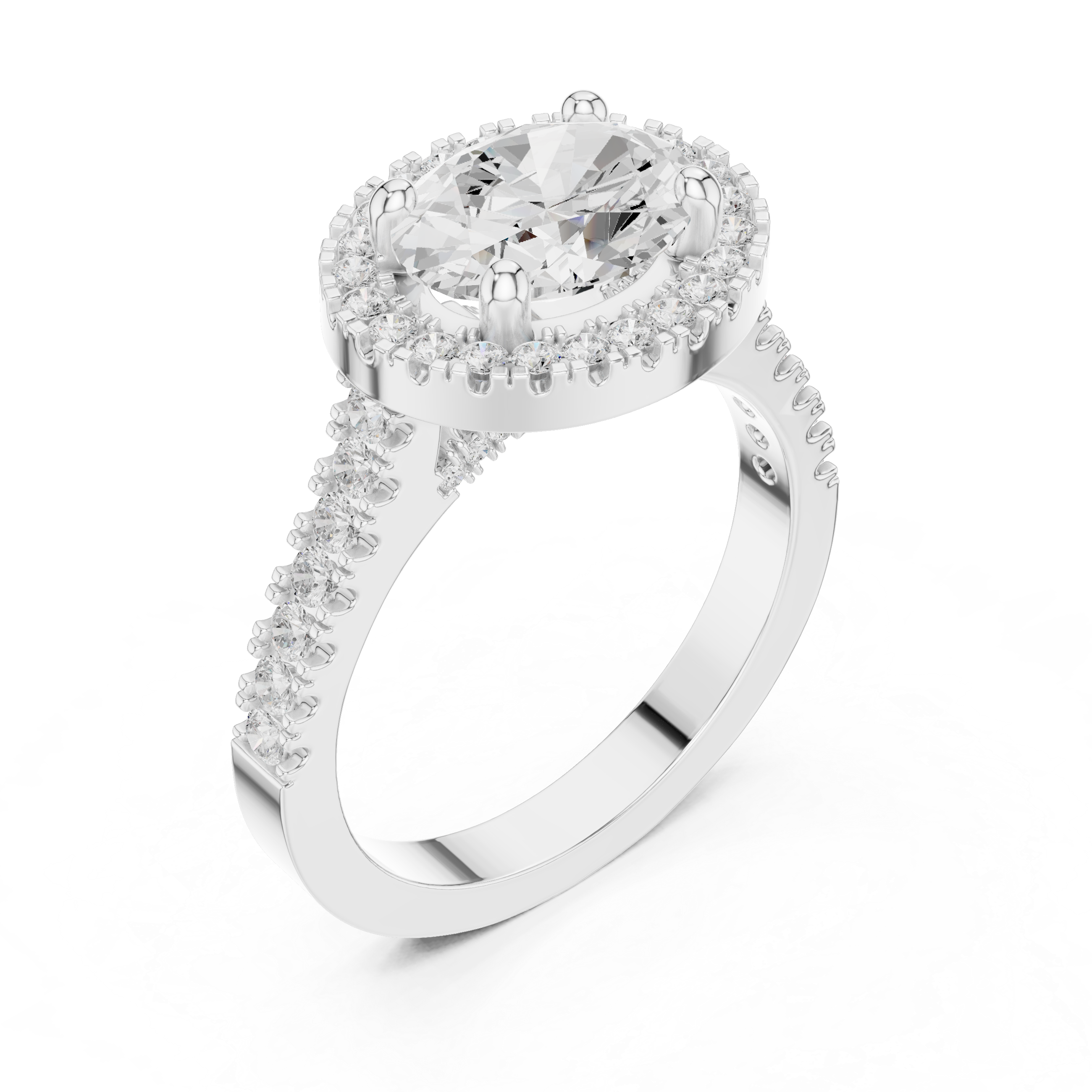 Ring with oval center diamond and pav‚ halo and band