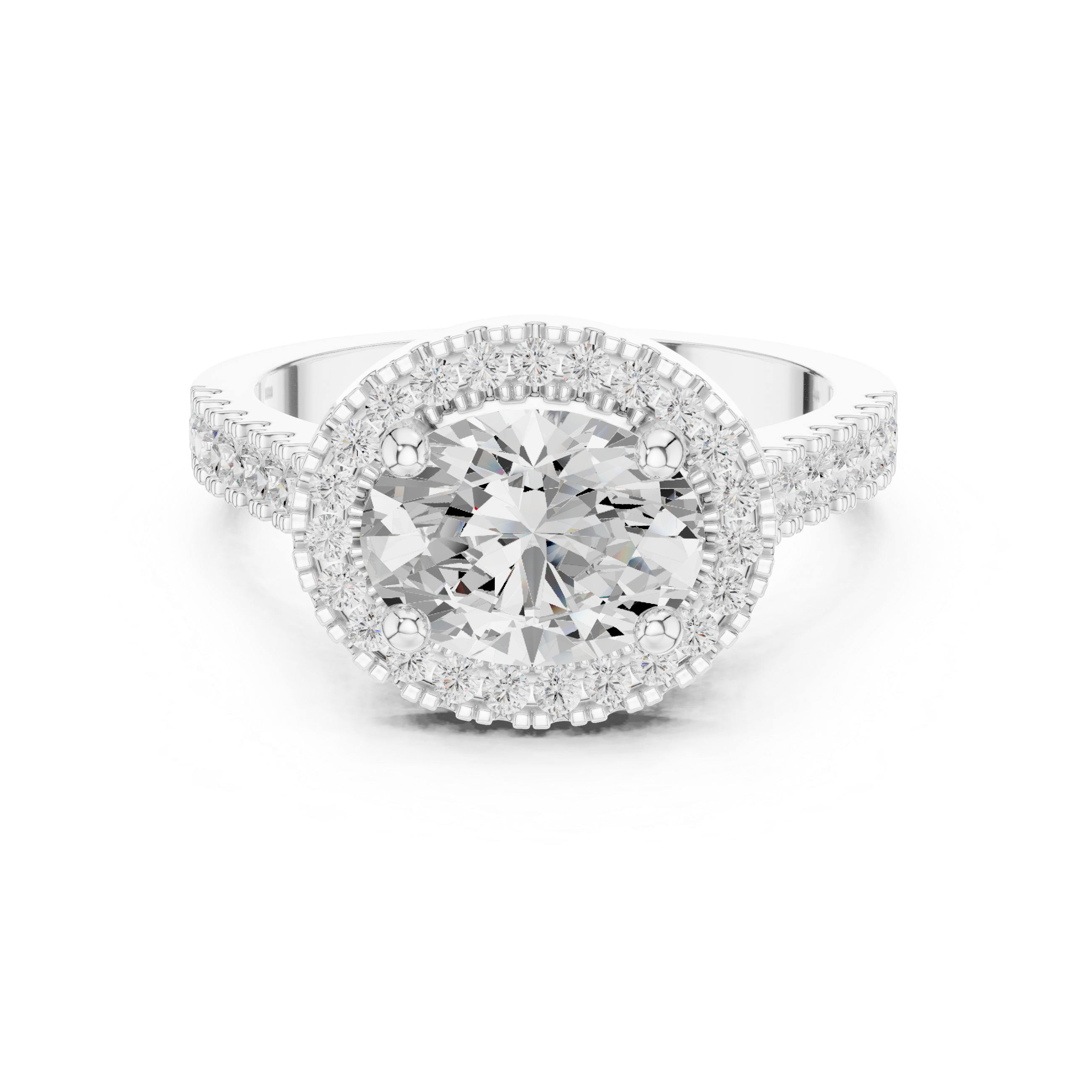 Ring with oval center diamond and pav‚ halo and band