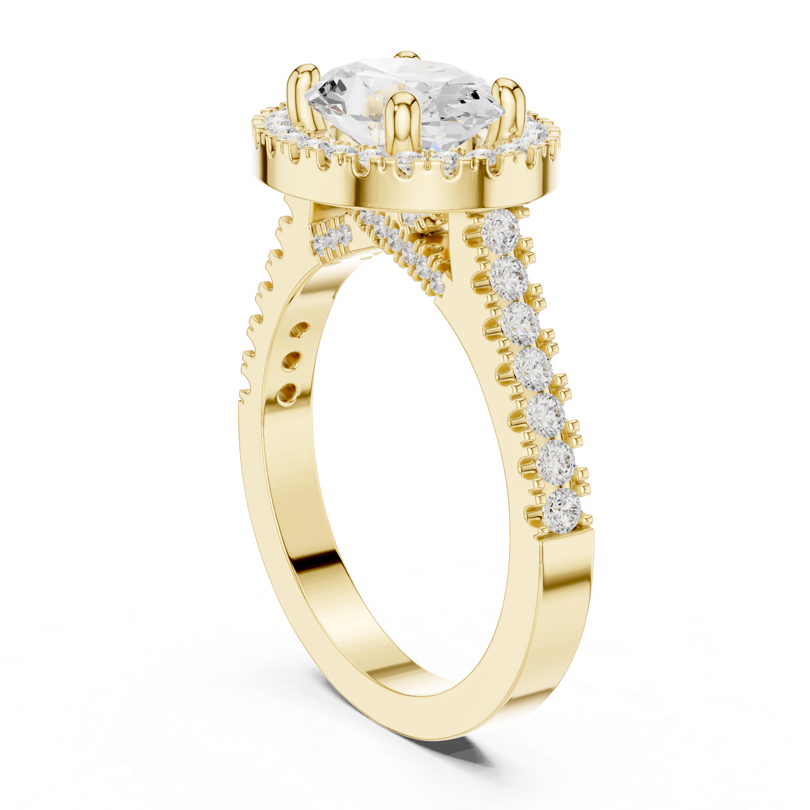 Ring with oval center diamond and pav‚ halo and band