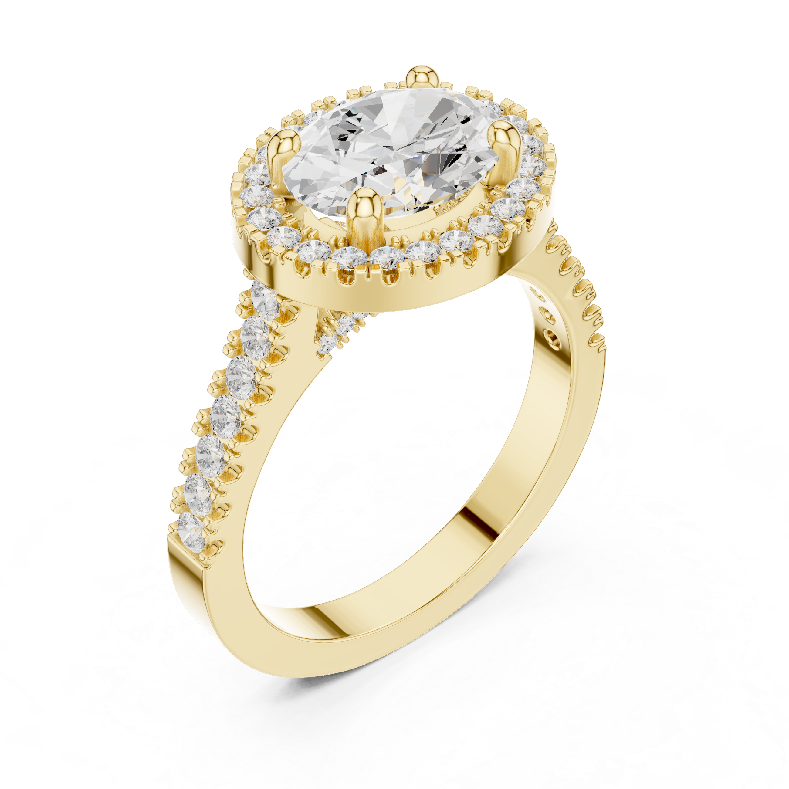 Ring with oval center diamond and pav‚ halo and band