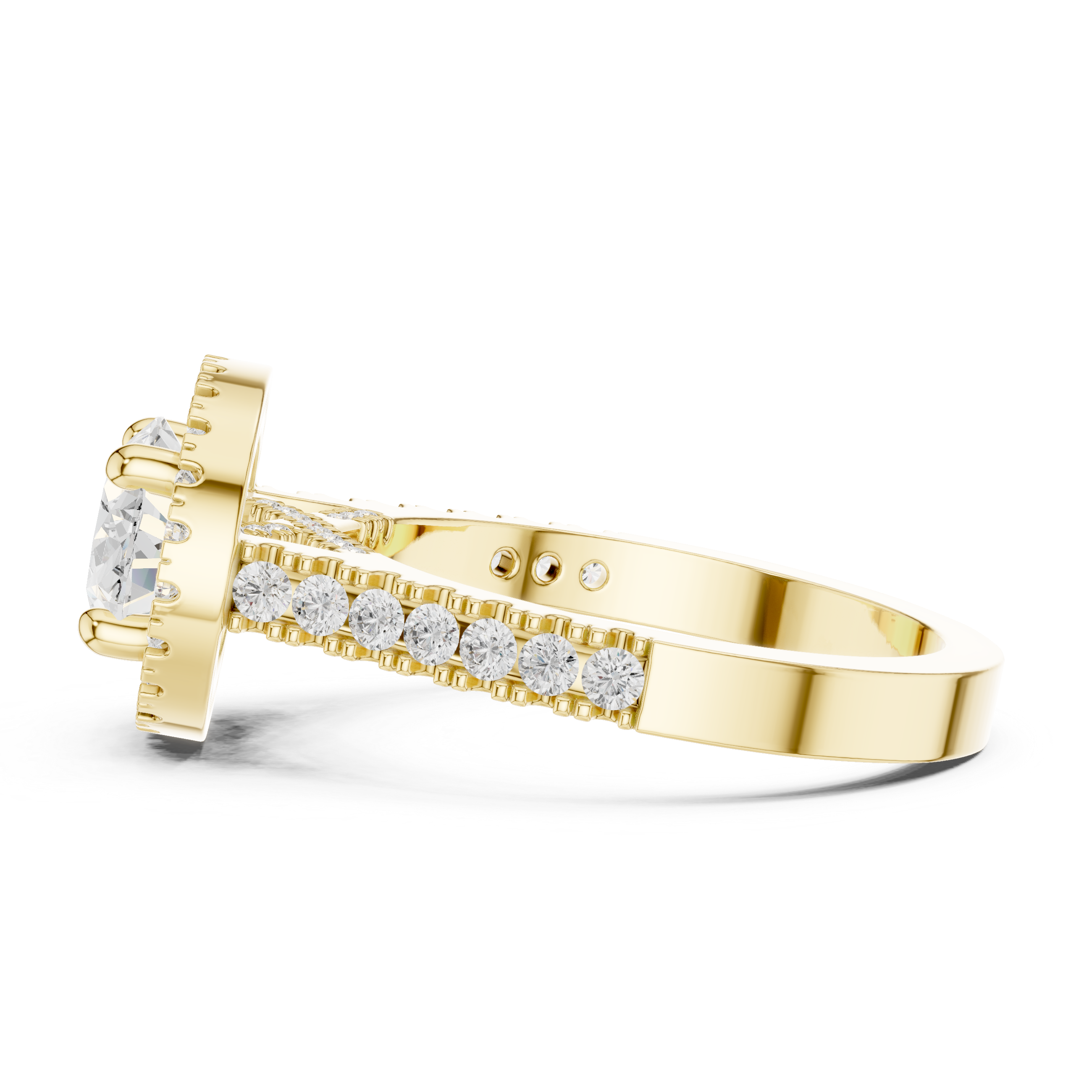 Ring with oval center diamond and pav‚ halo and band