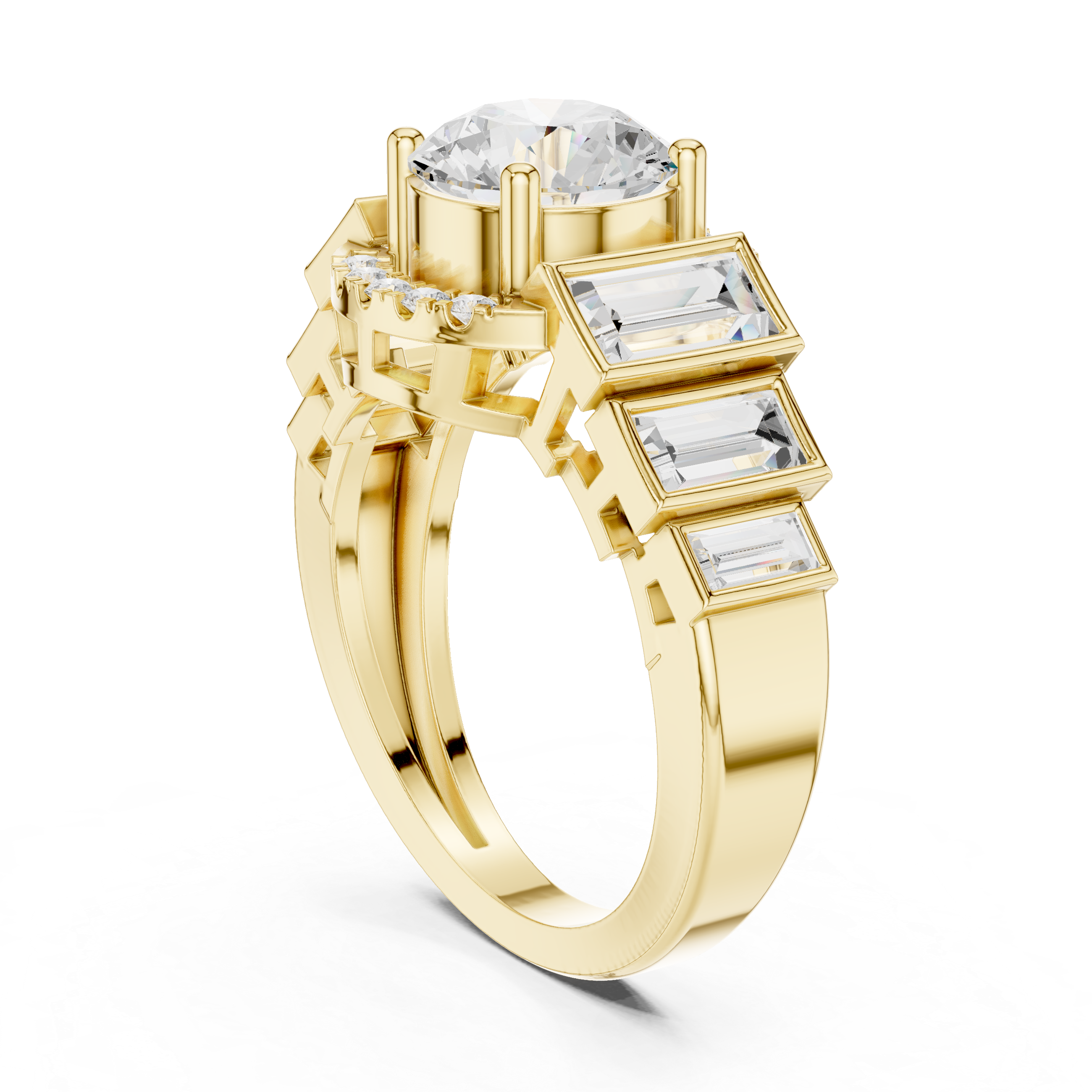 Five-stone round center diamond ring with baguette side diamonds and pav‚ accents