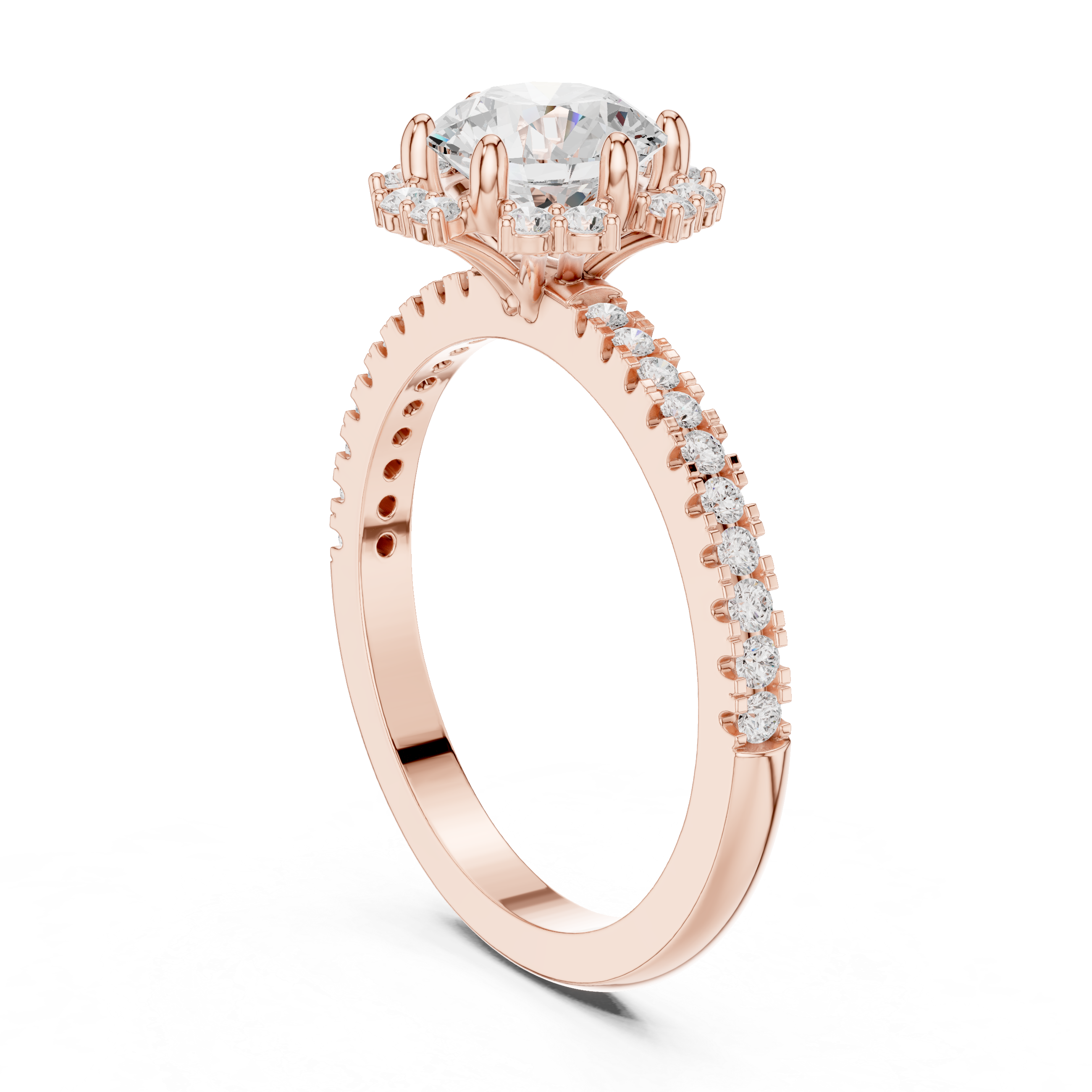 Round center diamond ring with halo and pav‚ band