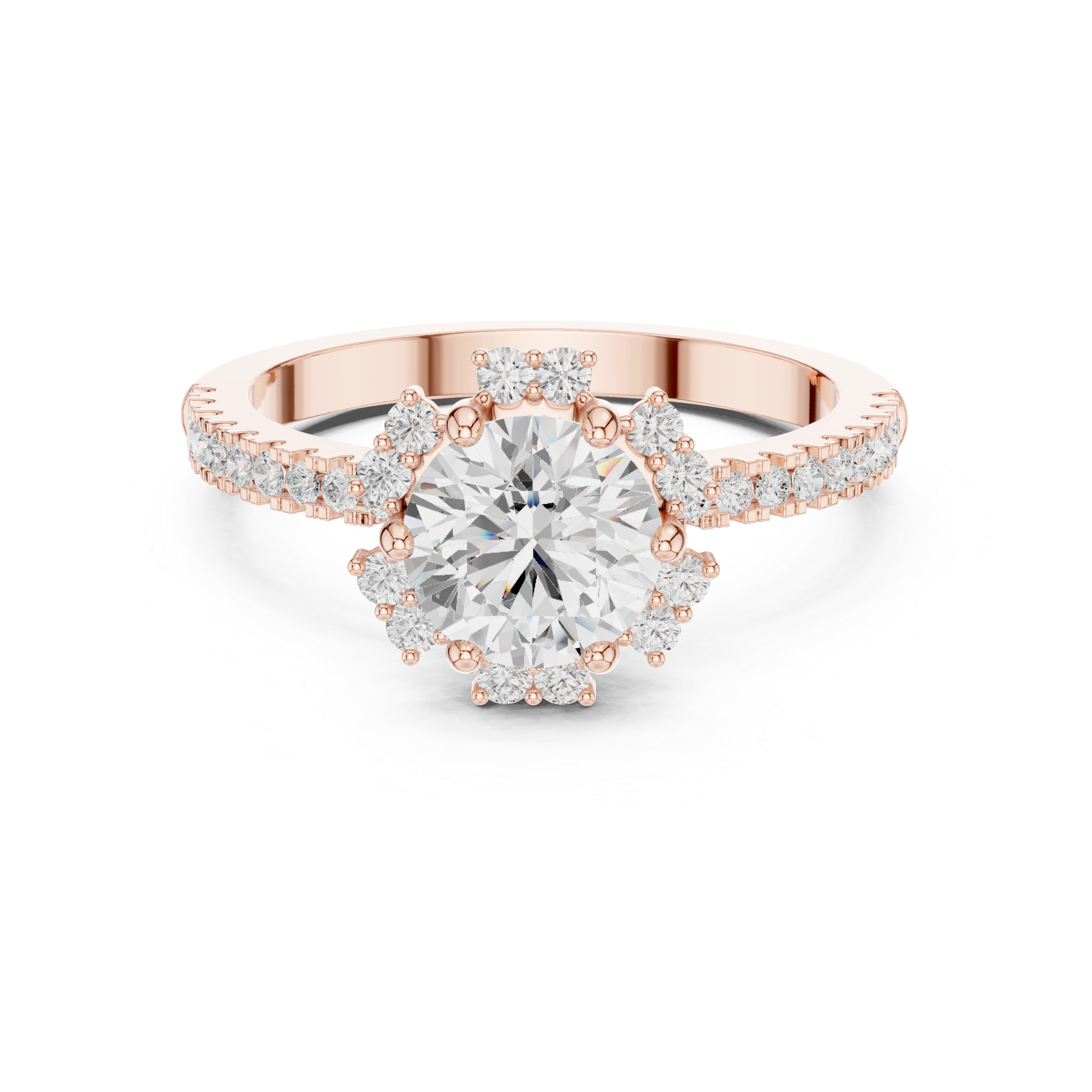 Round center diamond ring with halo and pav‚ band