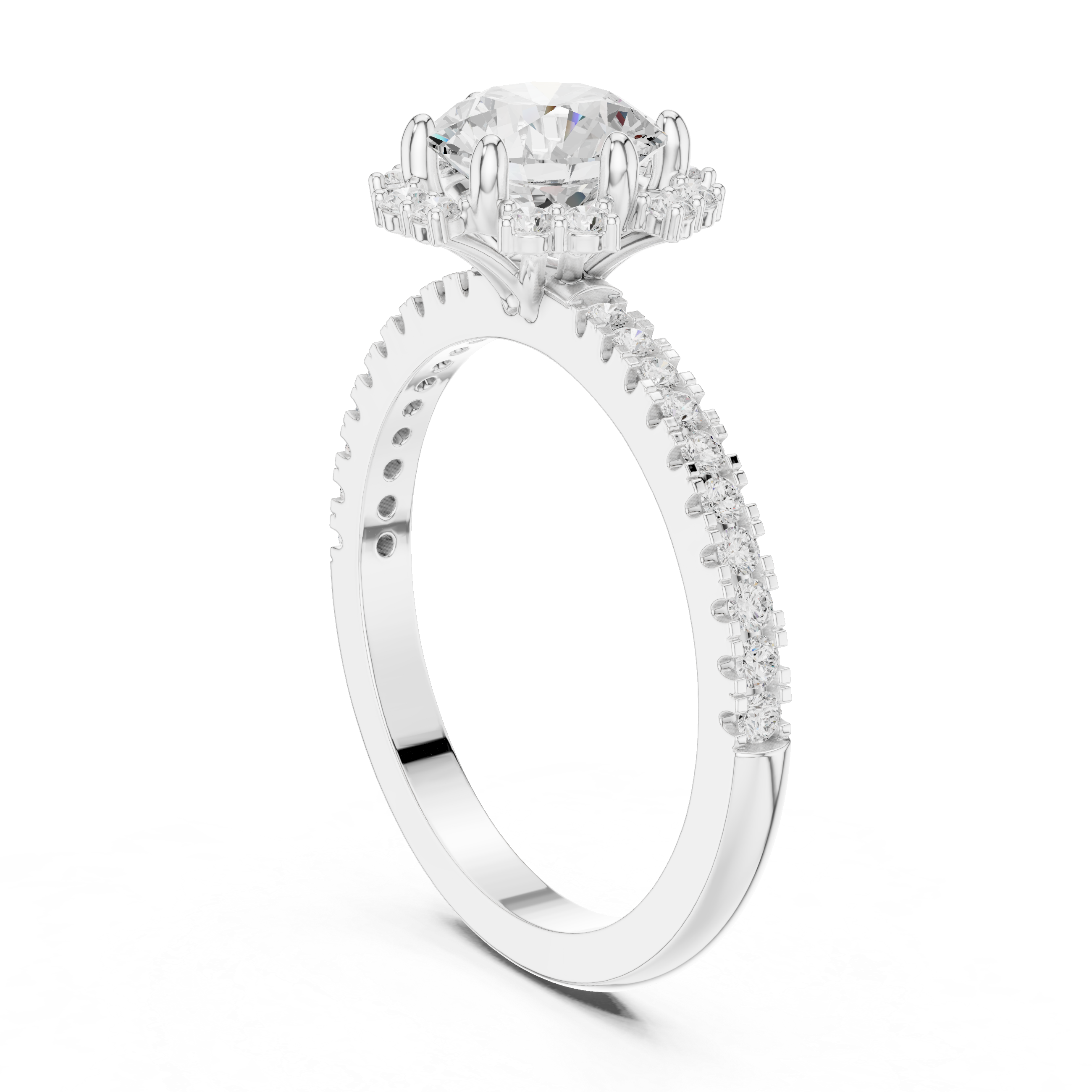 Round center diamond ring with halo and pav‚ band