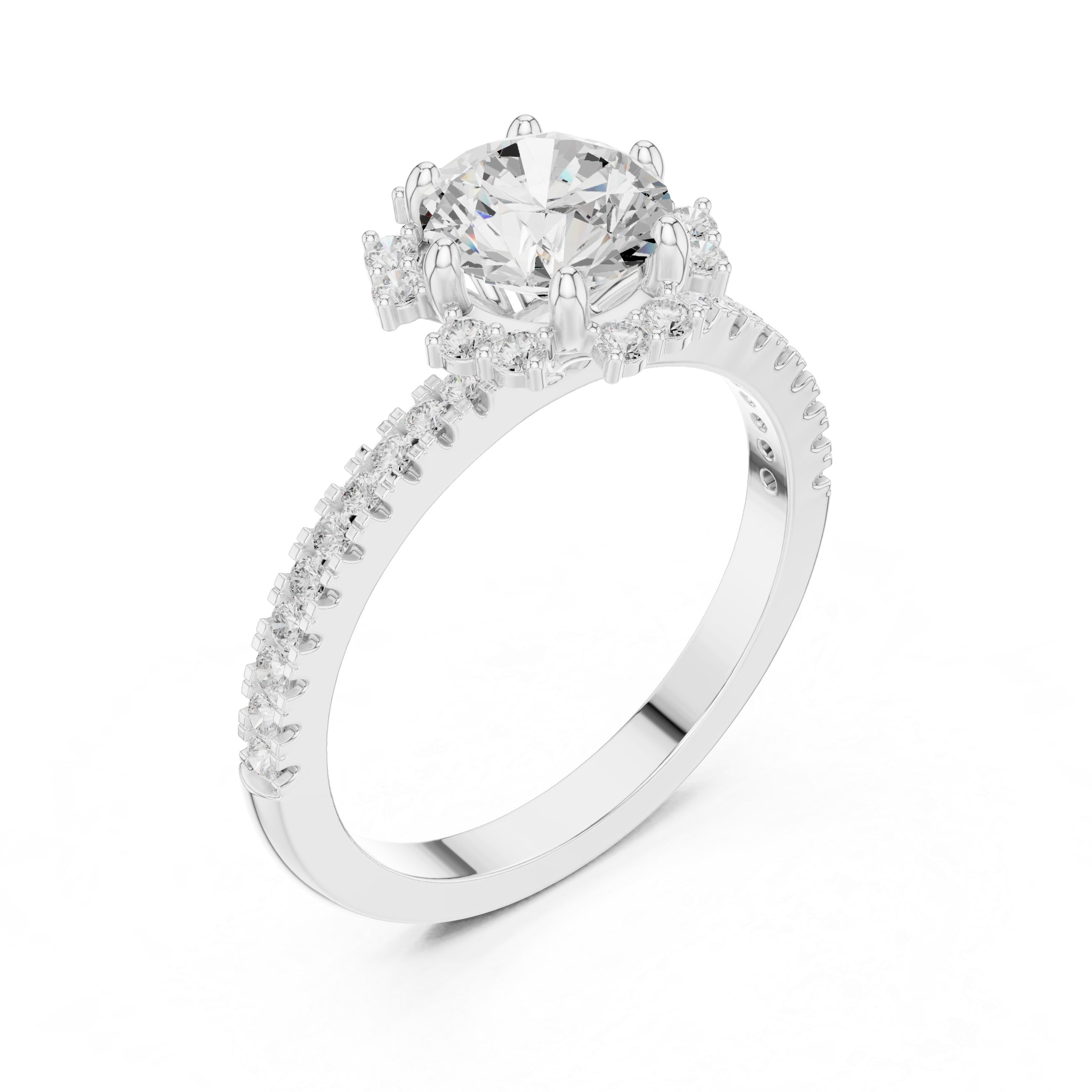 Round center diamond ring with halo and pav‚ band