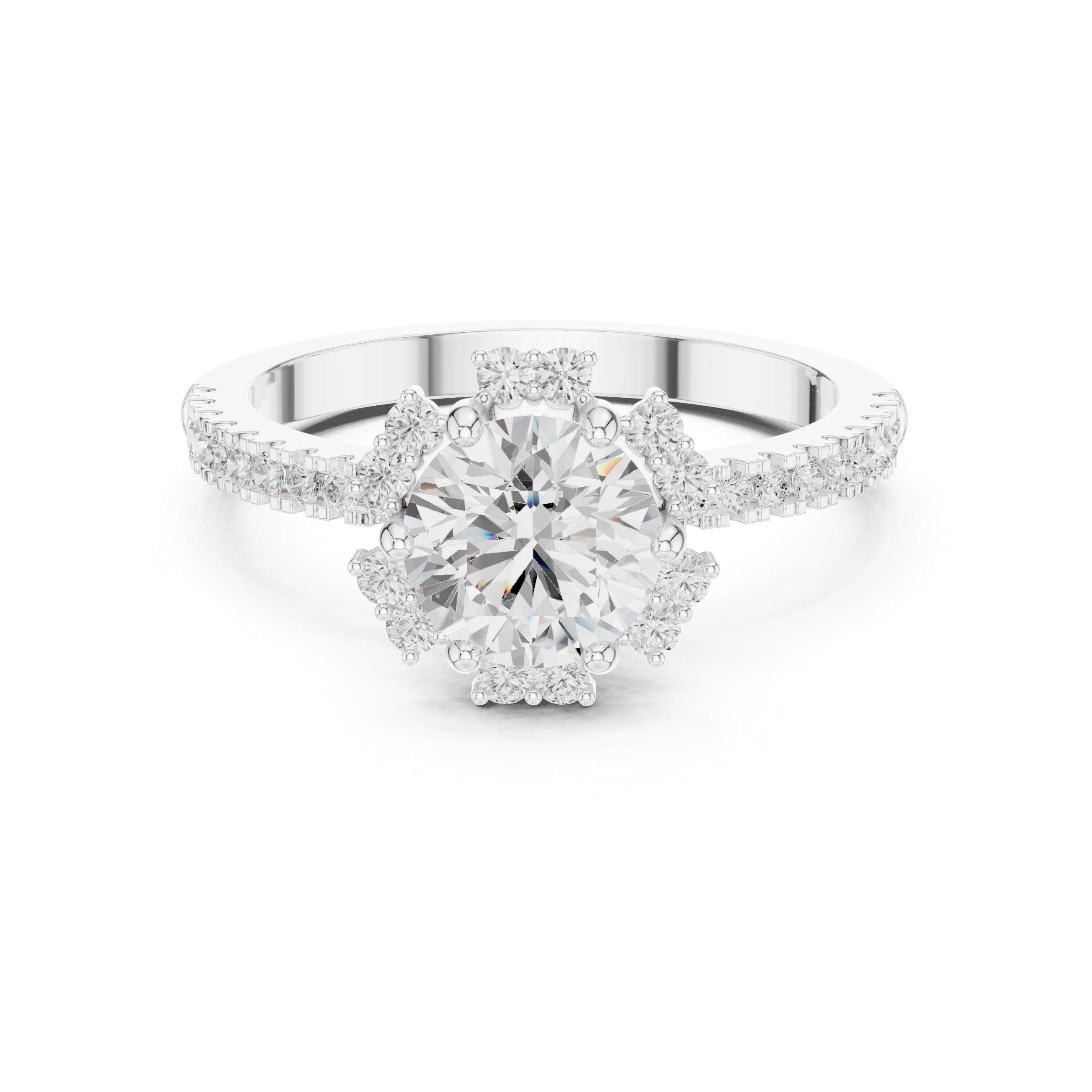 Round center diamond ring with halo and pav‚ band