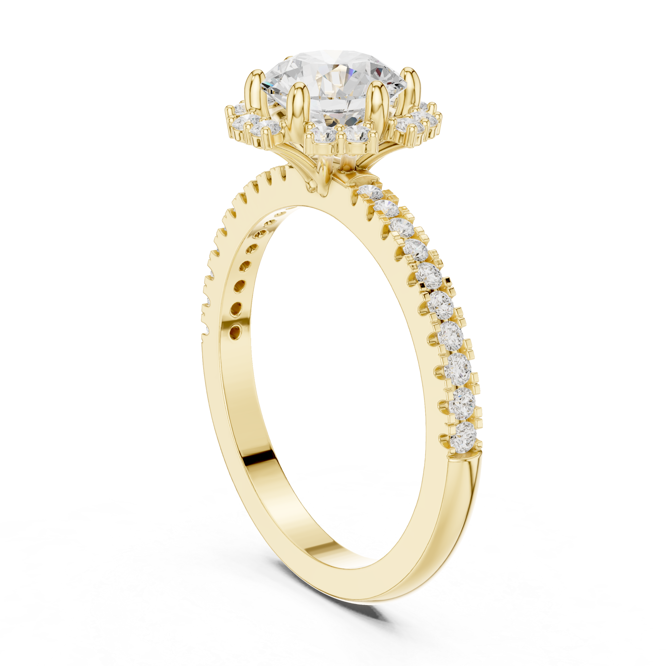 Round center diamond ring with halo and pav‚ band