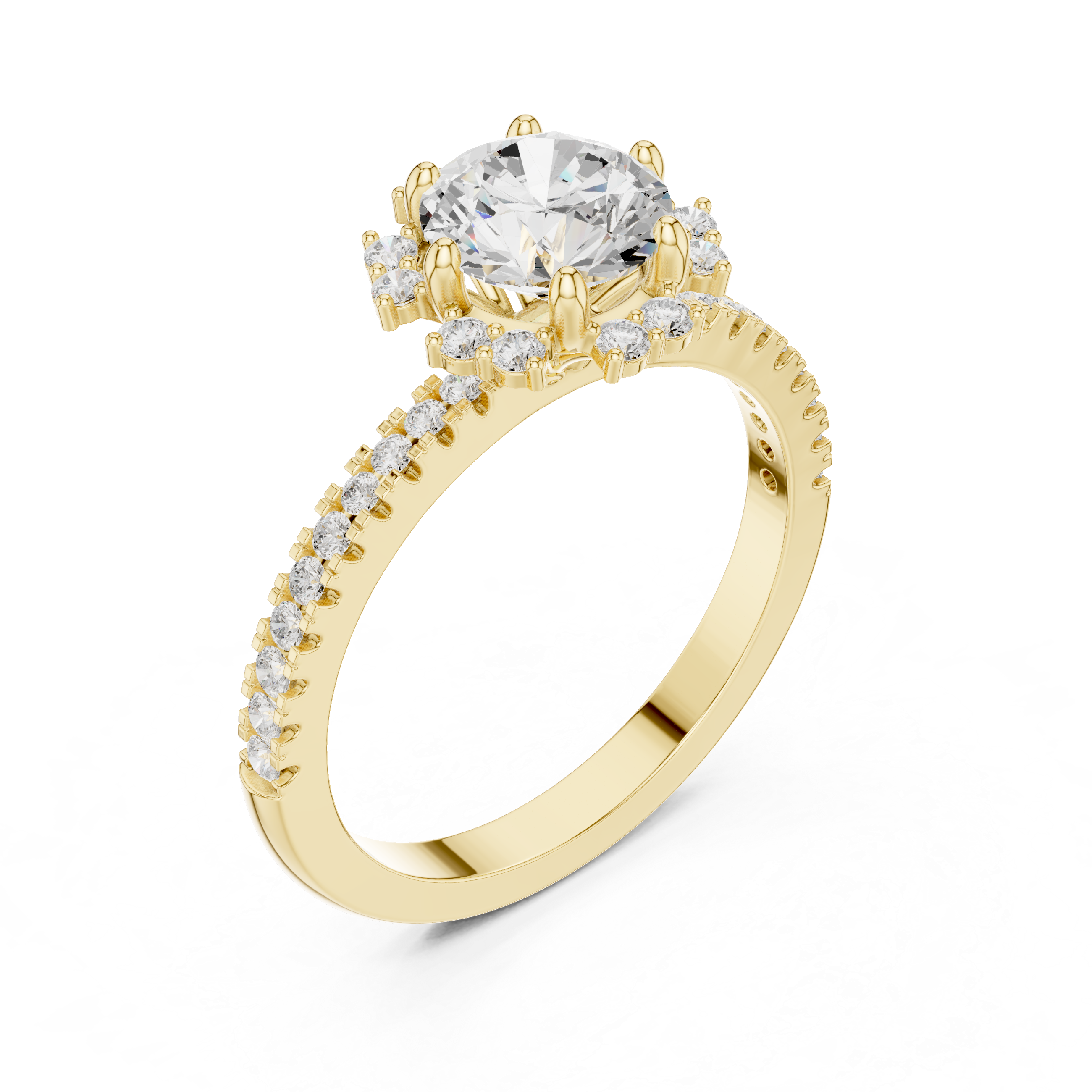 Round center diamond ring with halo and pav‚ band