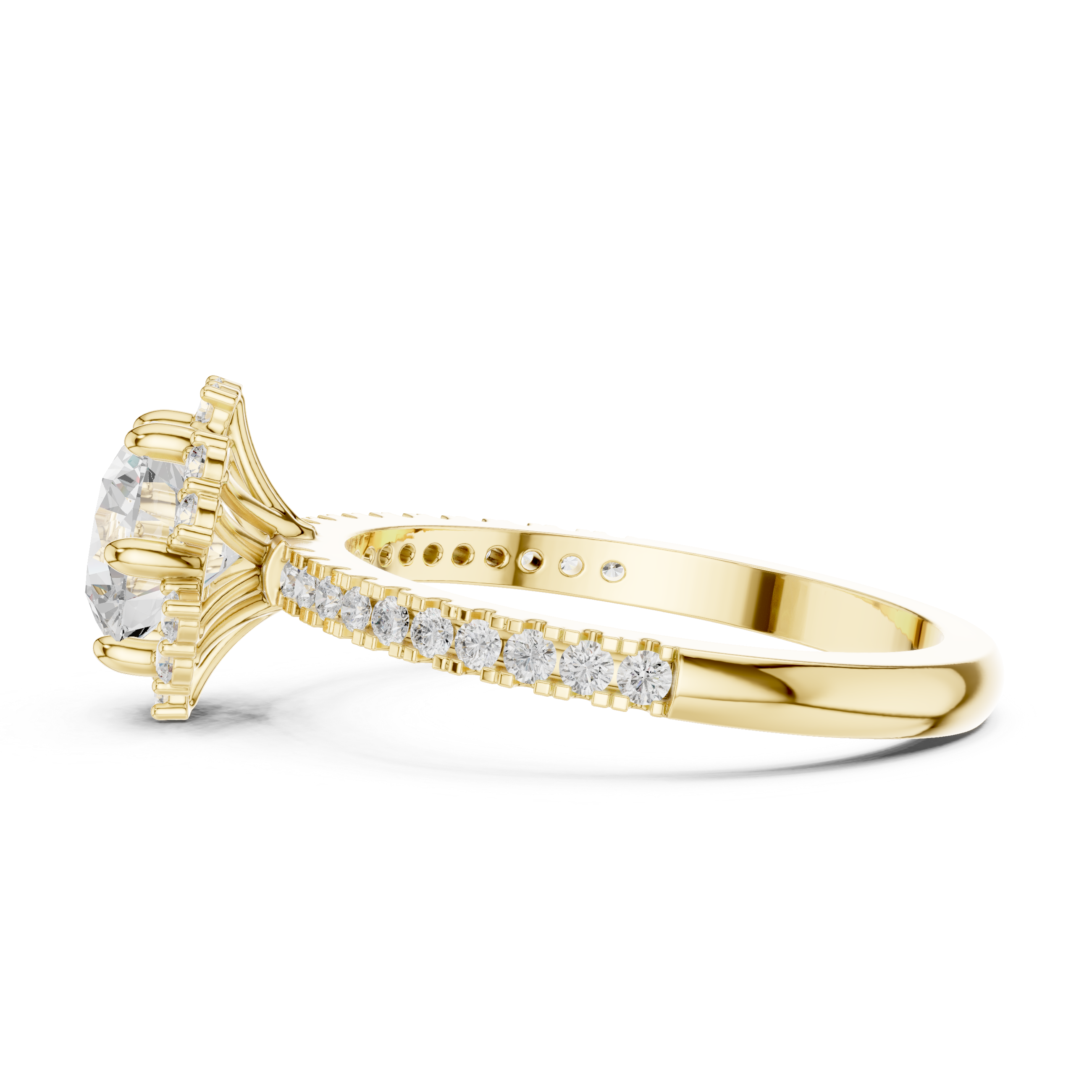 Round center diamond ring with halo and pav‚ band