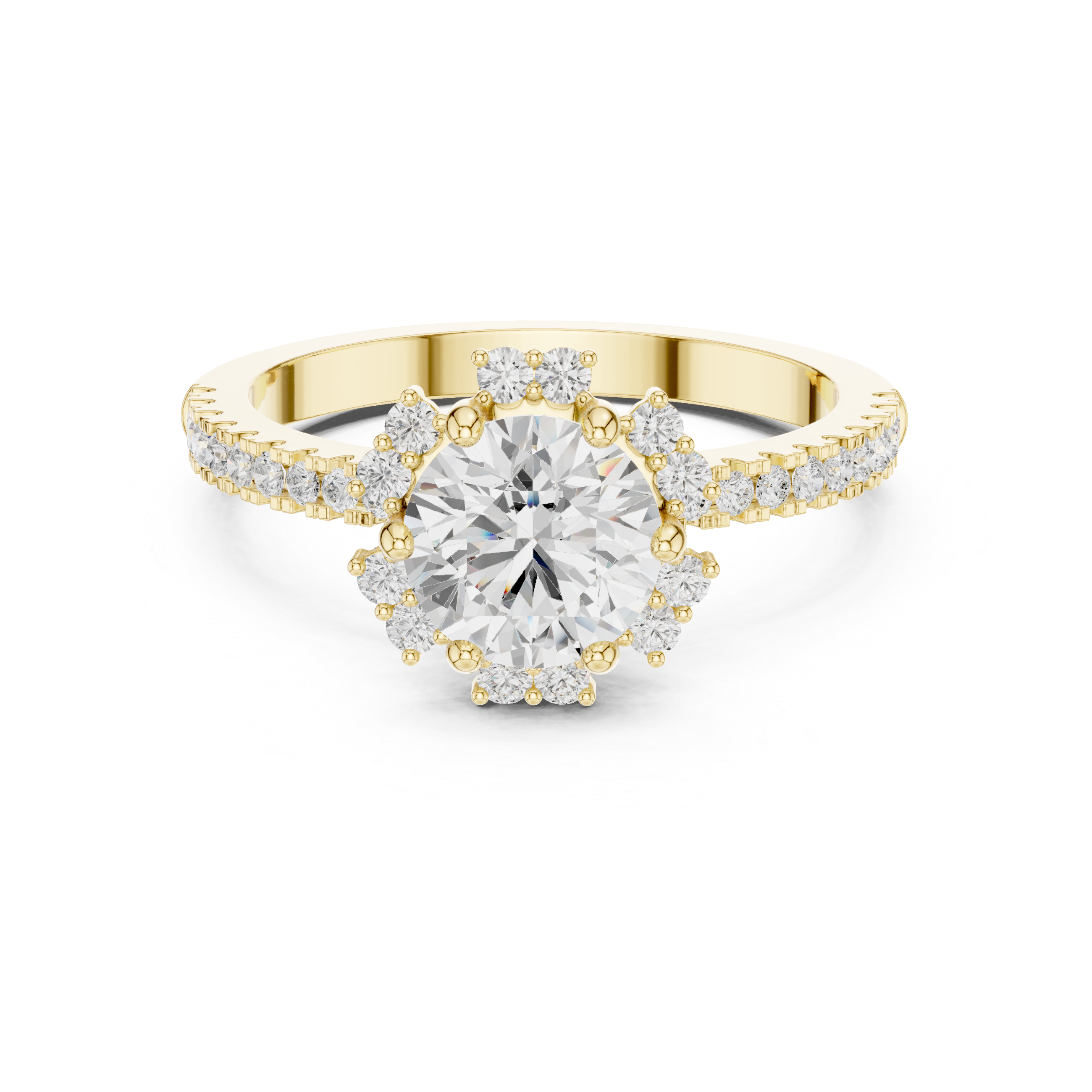 Round center diamond ring with halo and pav‚ band