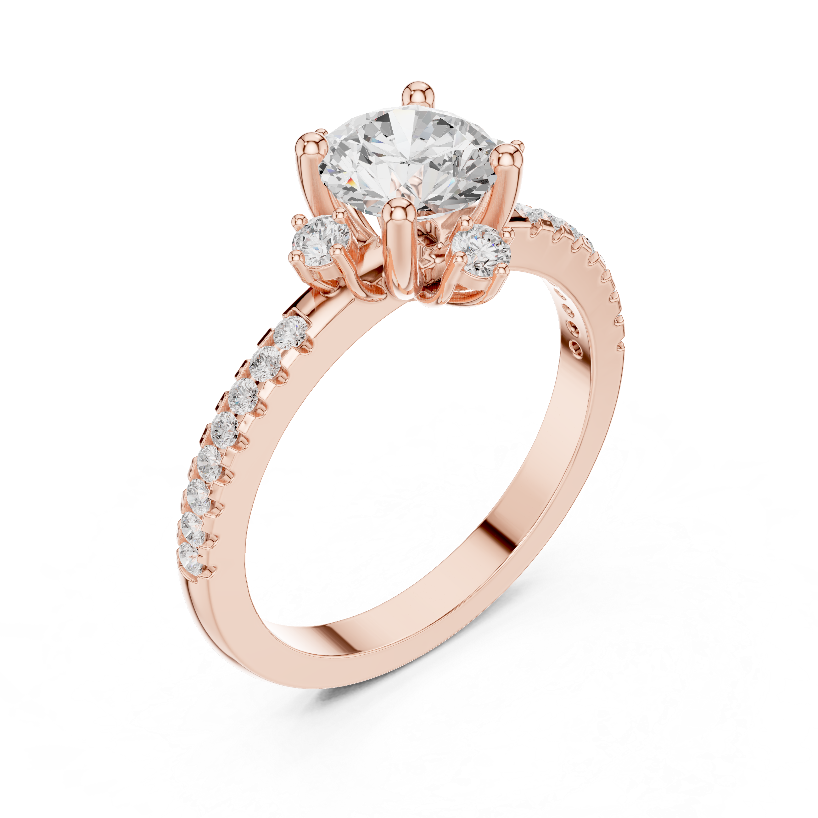 Round center diamond ring with six-prong setting and pav‚ band