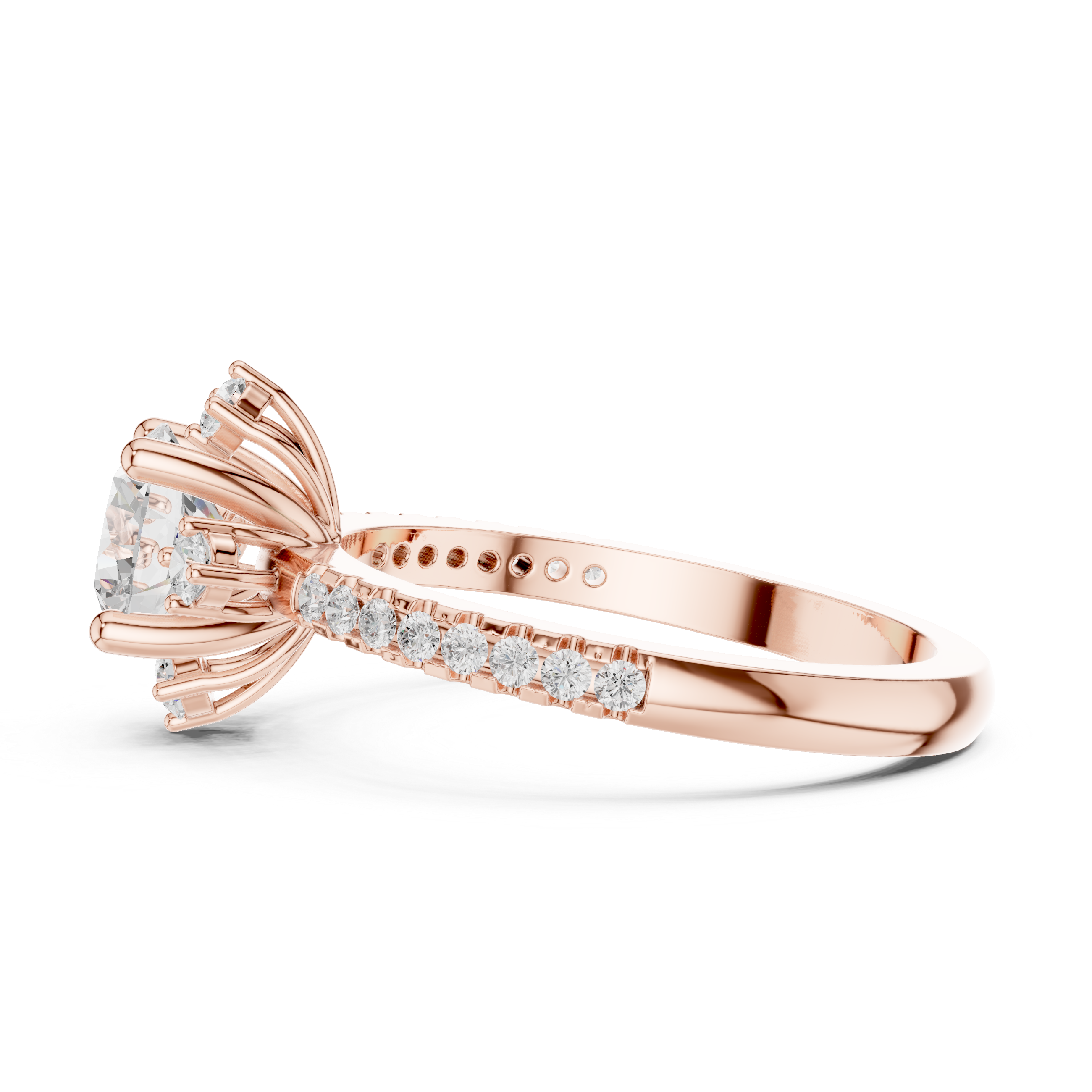 Round center diamond ring with six-prong setting and pav‚ band