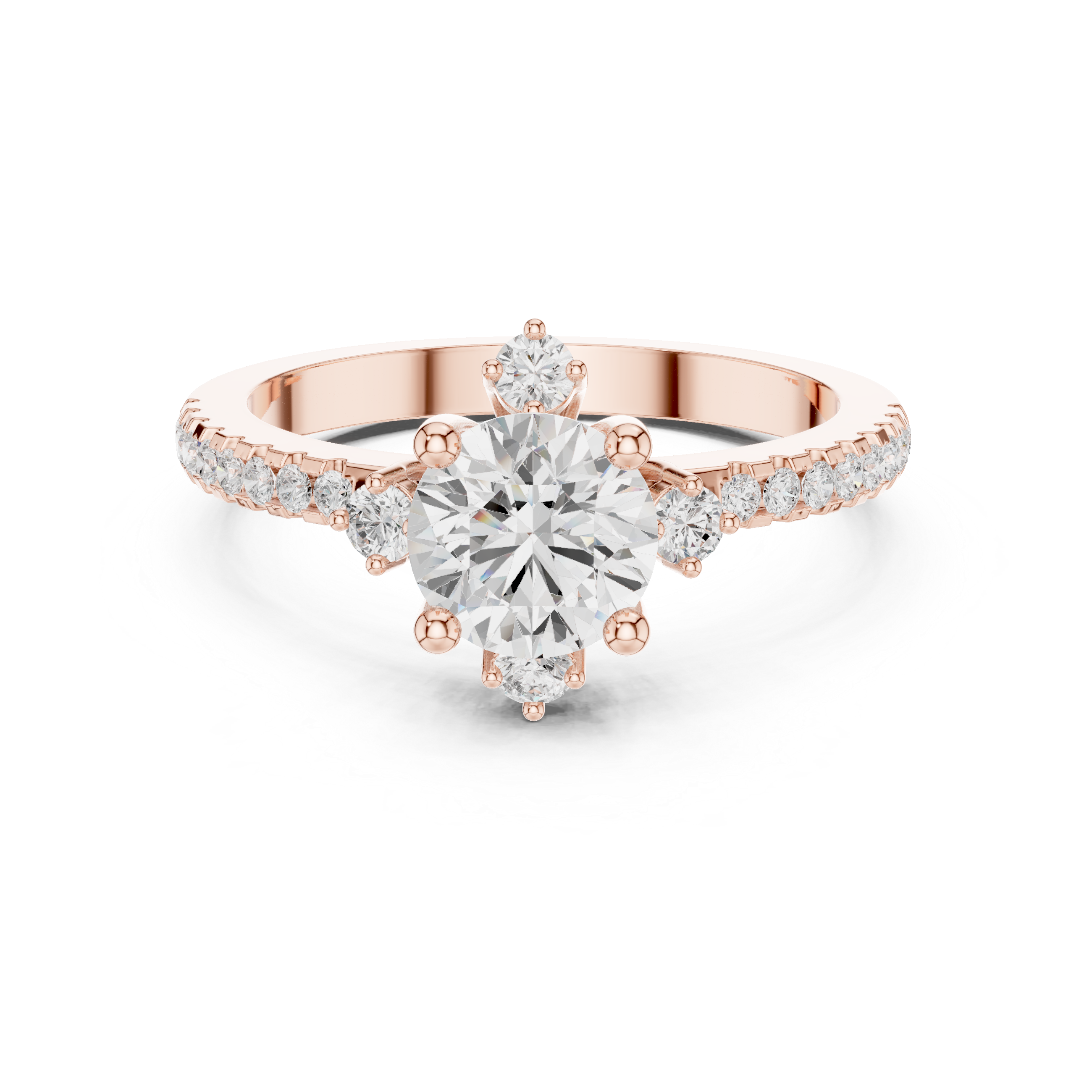 Round center diamond ring with six-prong setting and pav‚ band