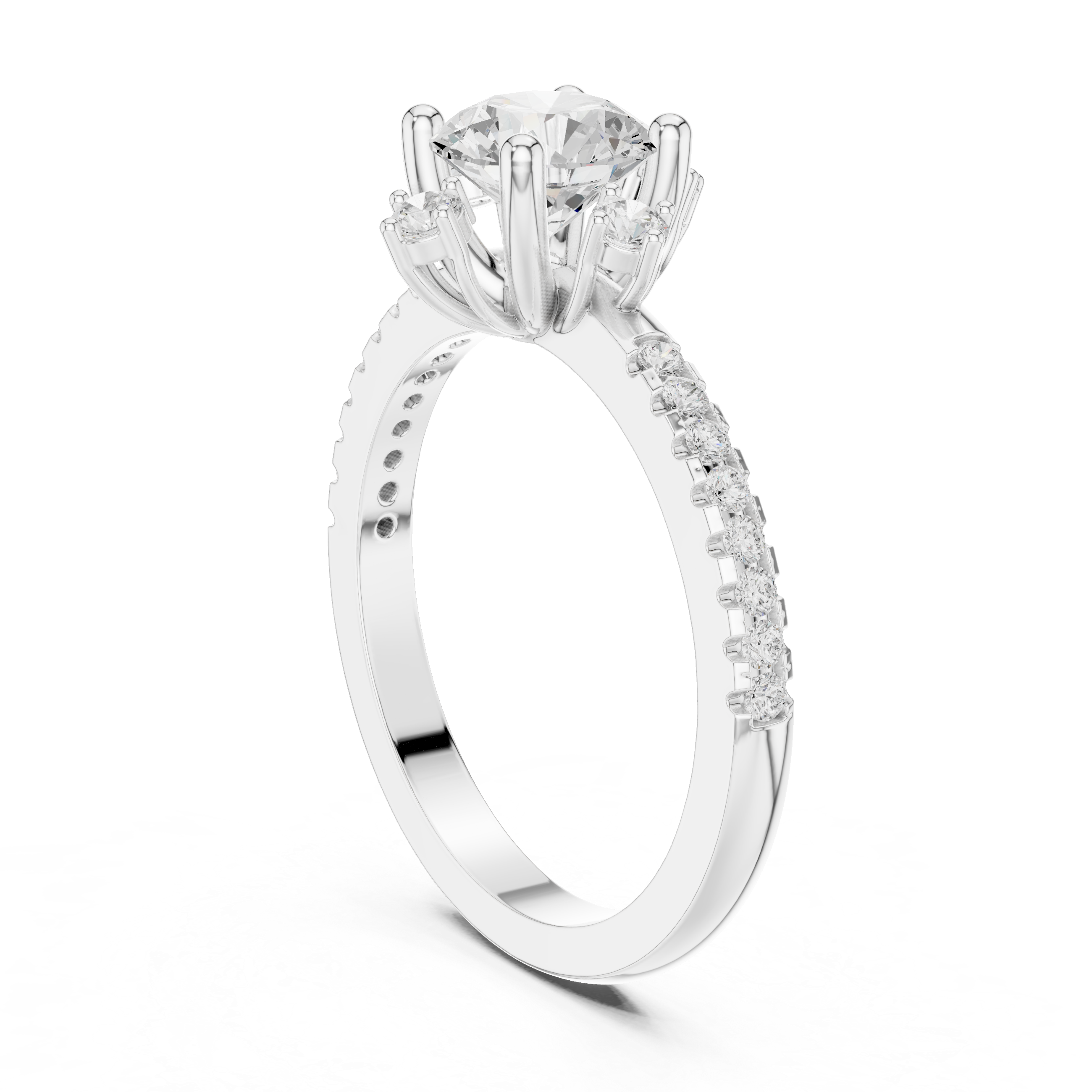 Round center diamond ring with six-prong setting and pav‚ band