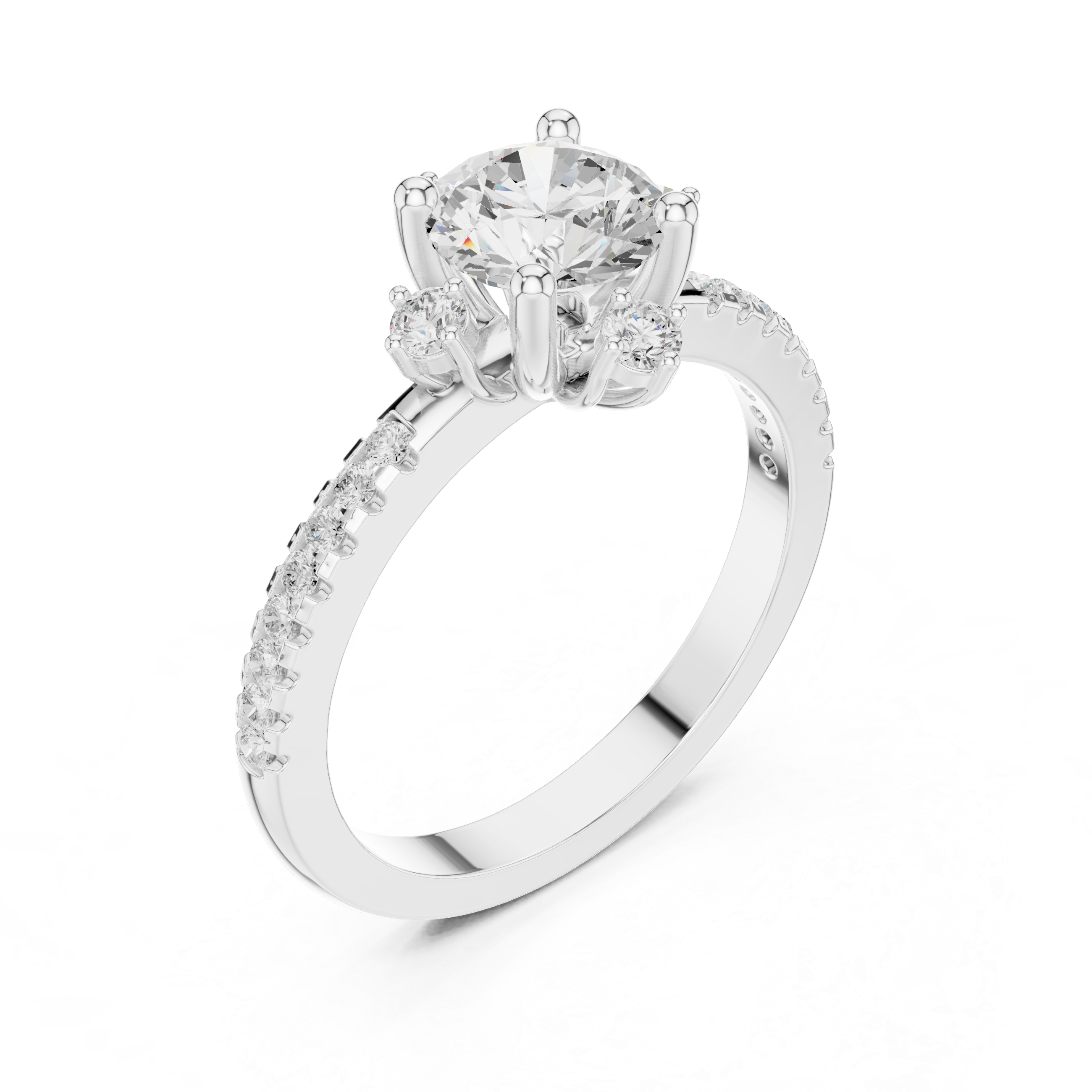 Round center diamond ring with six-prong setting and pav‚ band
