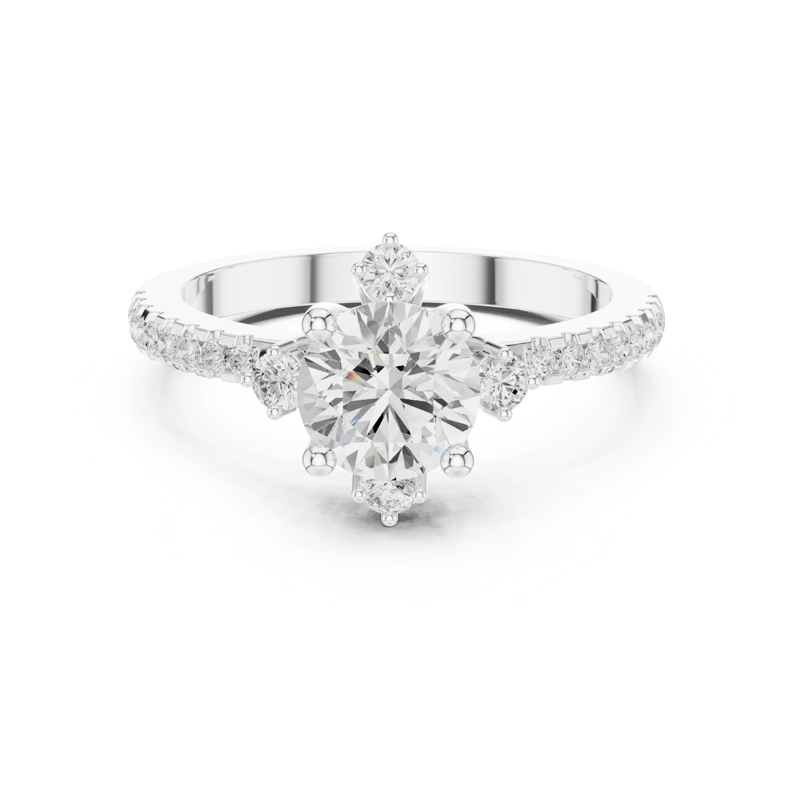 Round center diamond ring with six-prong setting and pav‚ band
