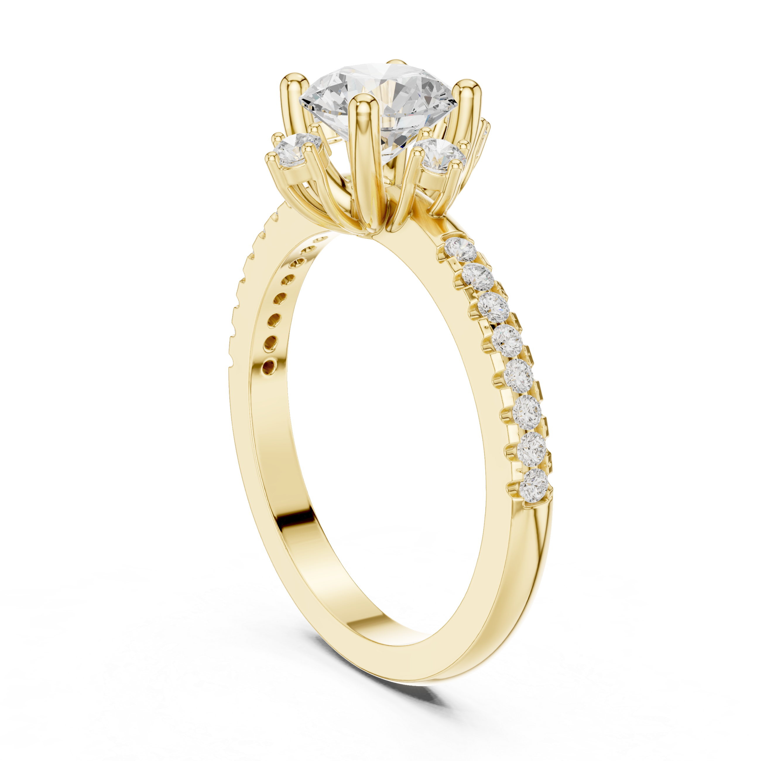 Round center diamond ring with six-prong setting and pav‚ band