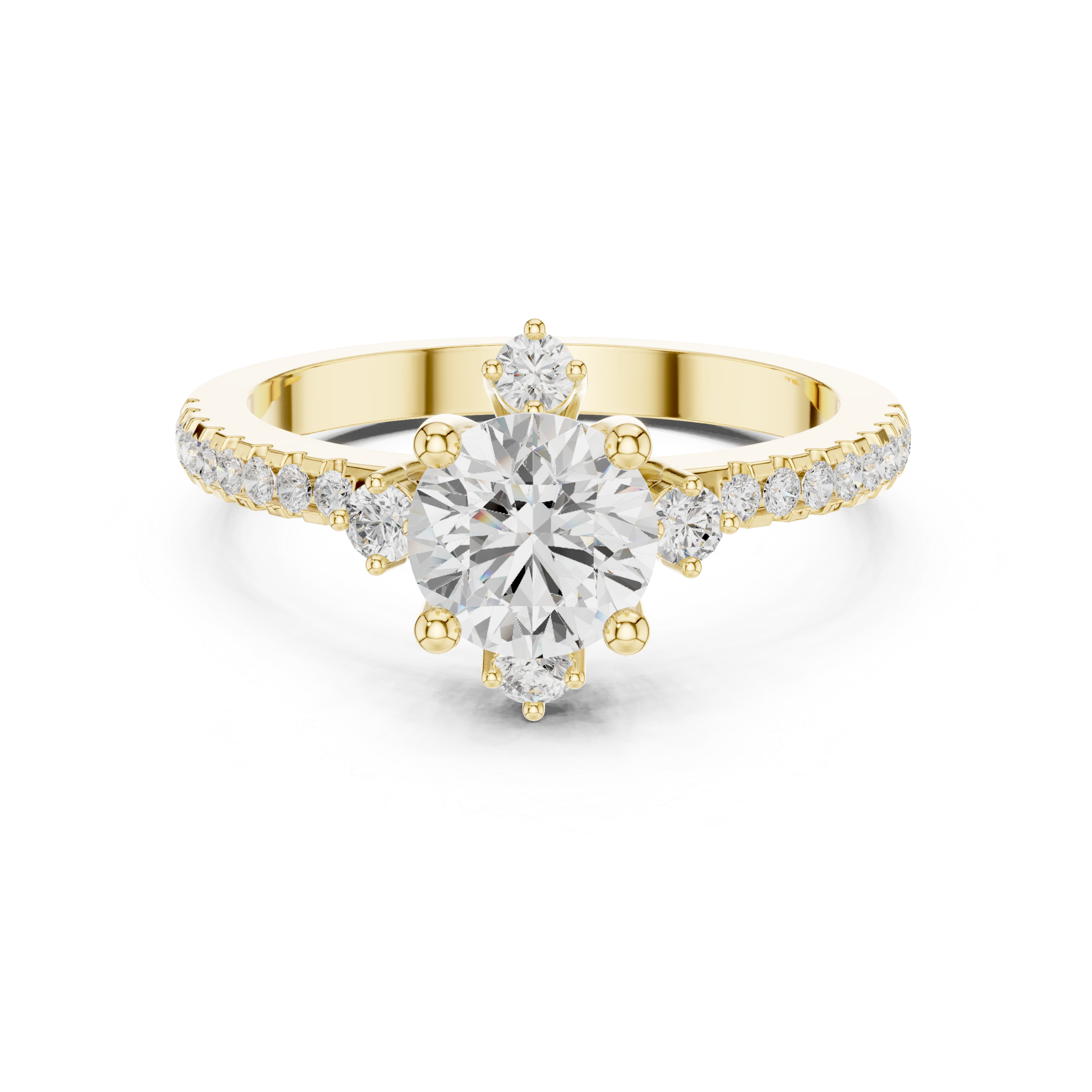 Round center diamond ring with six-prong setting and pav‚ band