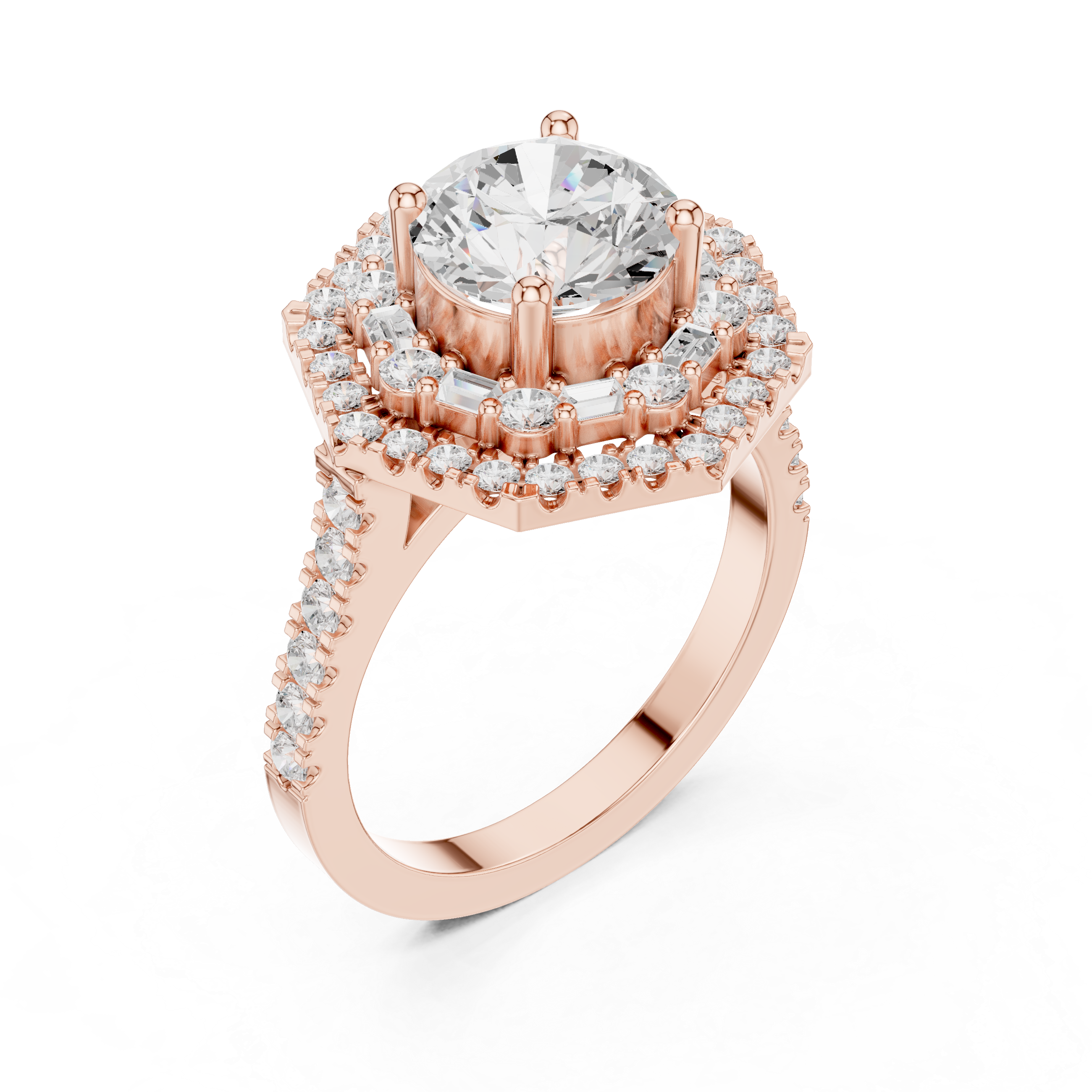Round center diamond ring with double halo of round and baguette diamonds