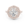 Round center diamond ring with double halo of round and baguette diamonds