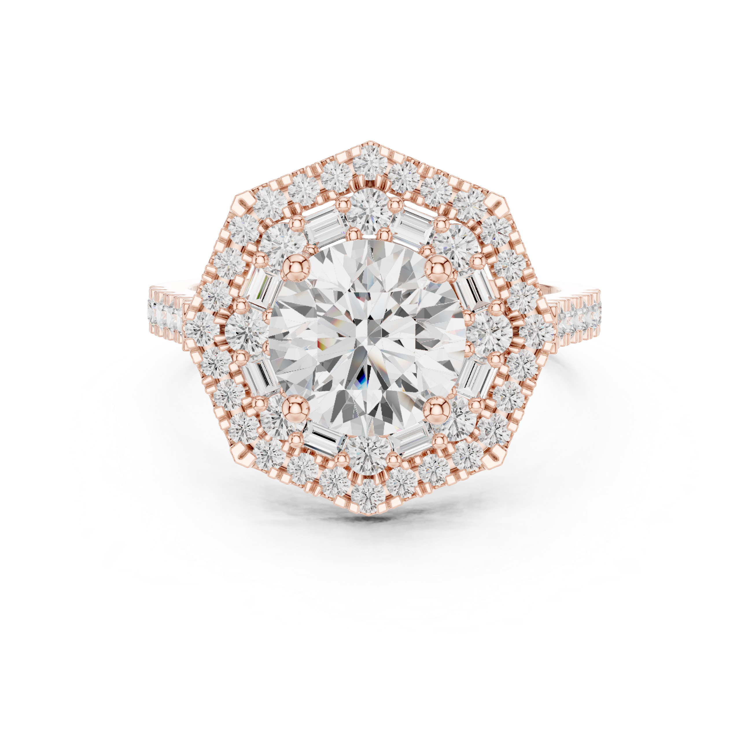 Round center diamond ring with double halo of round and baguette diamonds