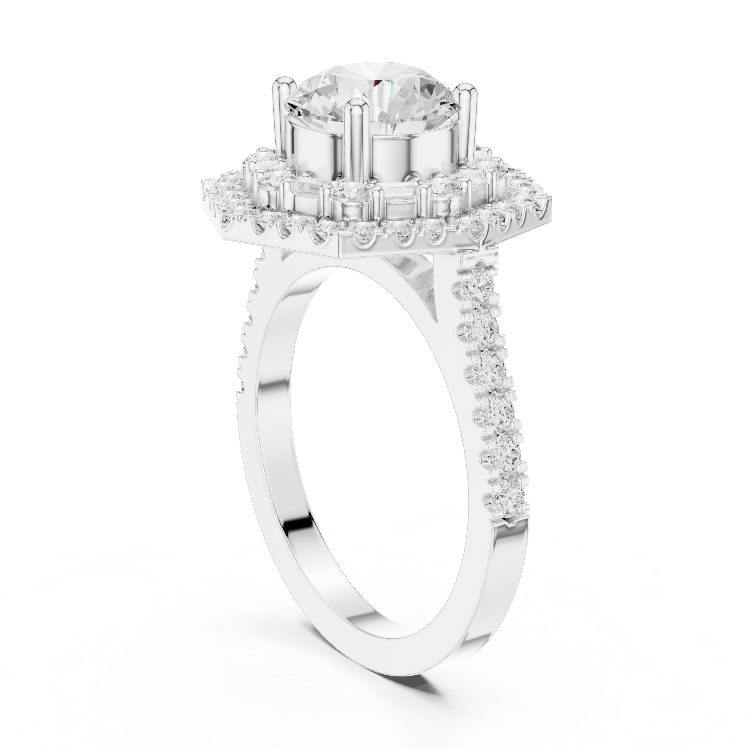 Round center diamond ring with double halo of round and baguette diamonds