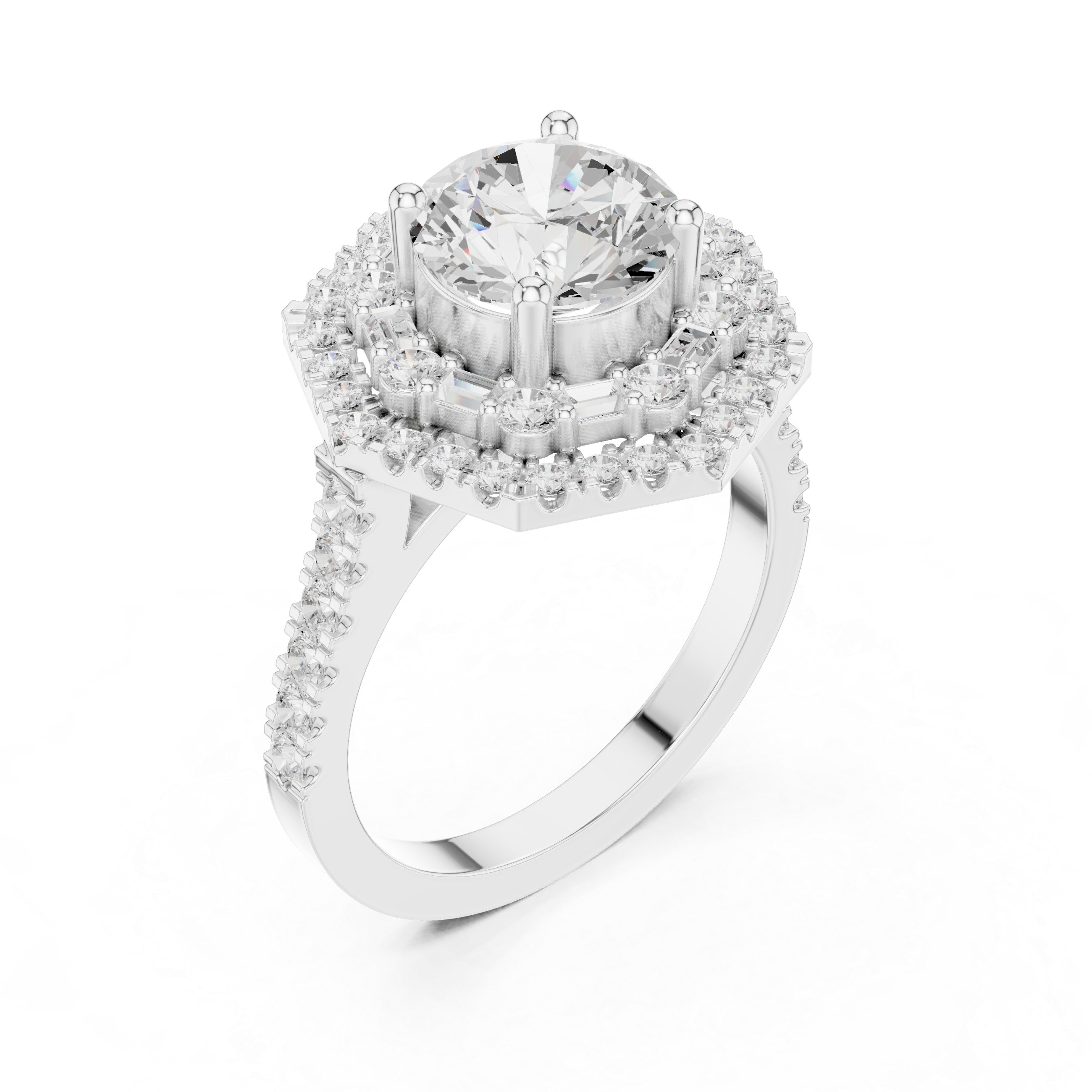 Round center diamond ring with double halo of round and baguette diamonds
