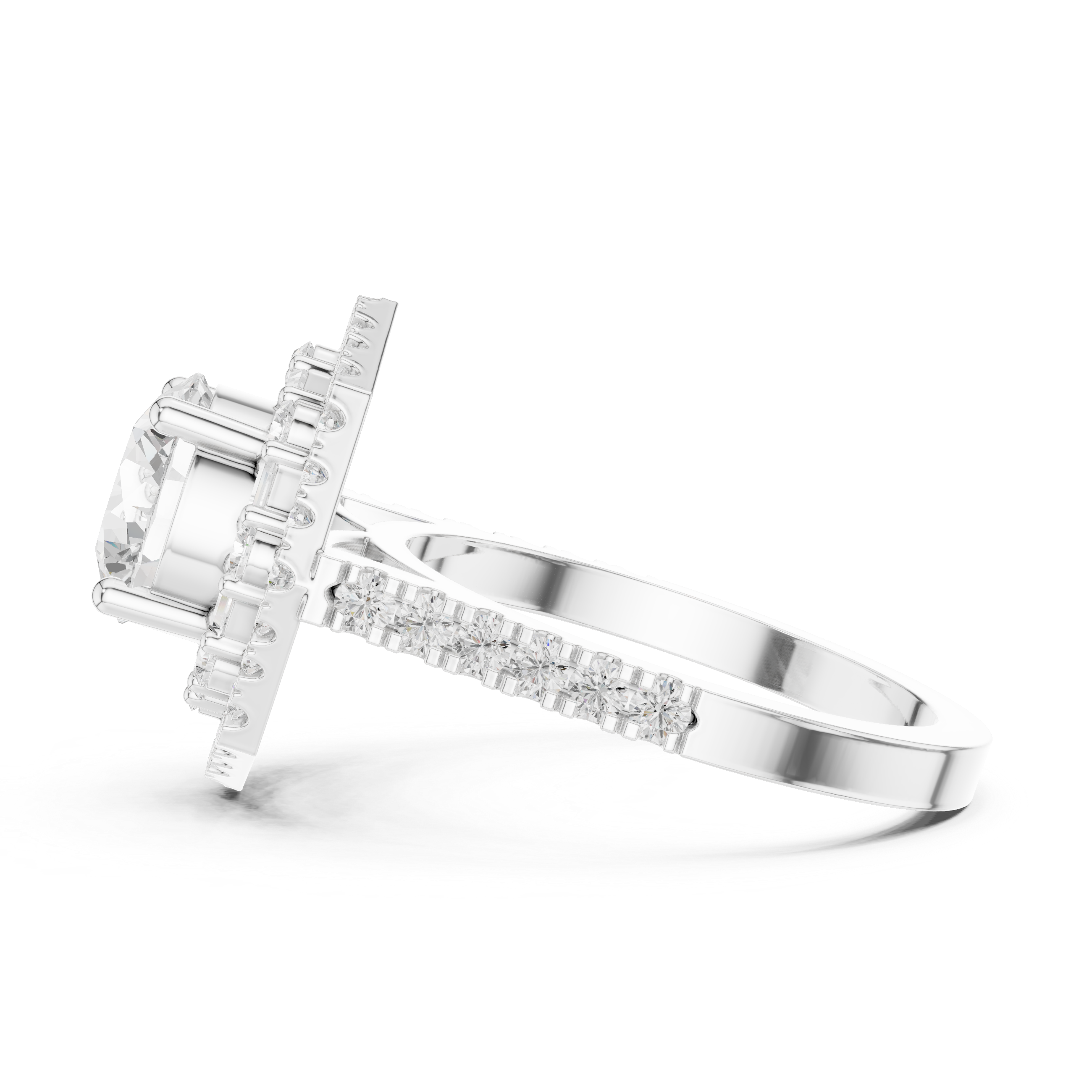 Round center diamond ring with double halo of round and baguette diamonds