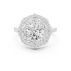 Round center diamond ring with double halo of round and baguette diamonds