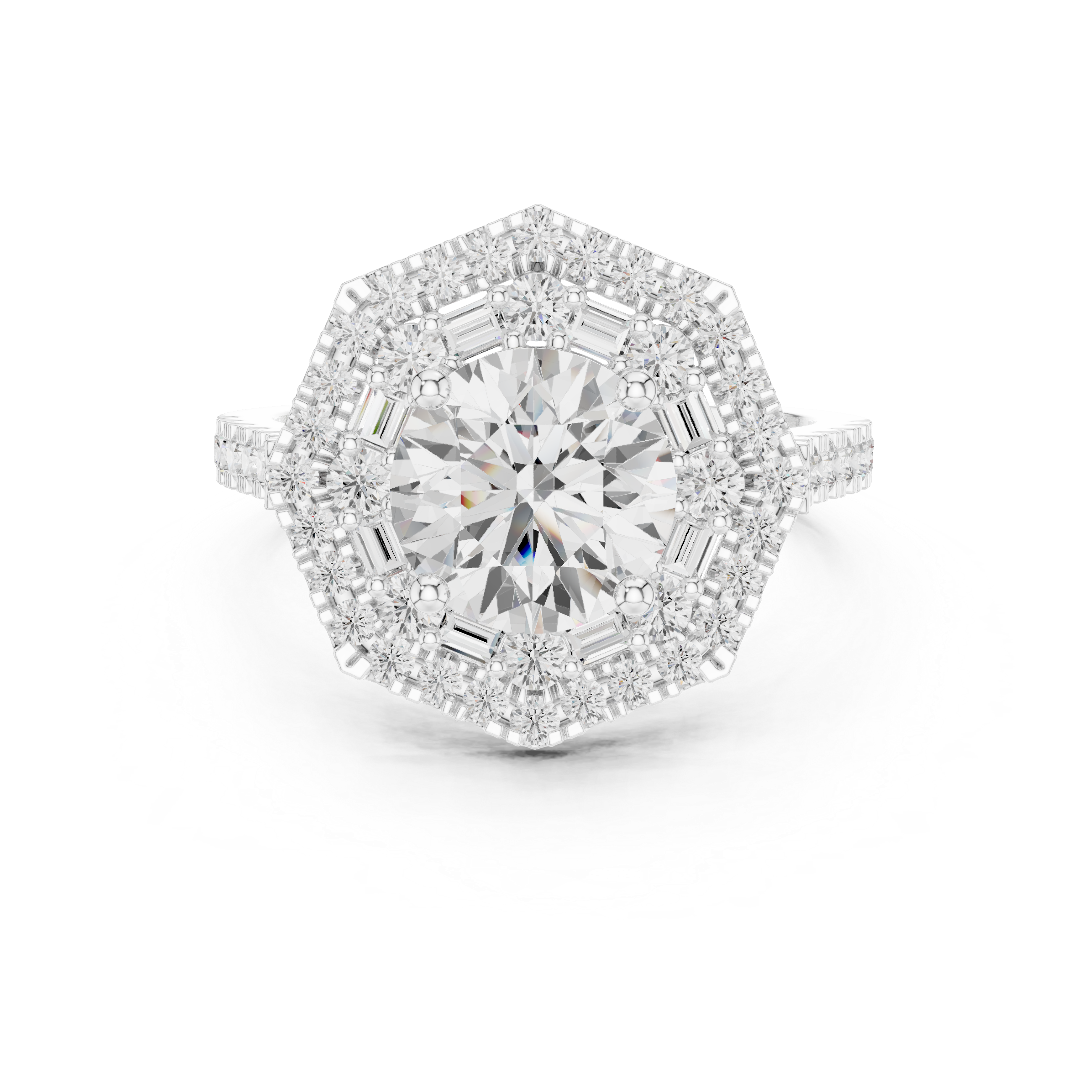 Round center diamond ring with double halo of round and baguette diamonds